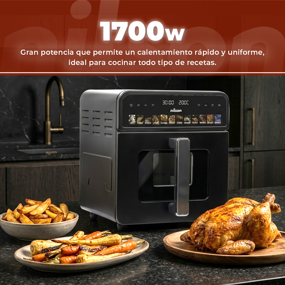 Una freidora de aire negra con pollo asado y verduras al lado.