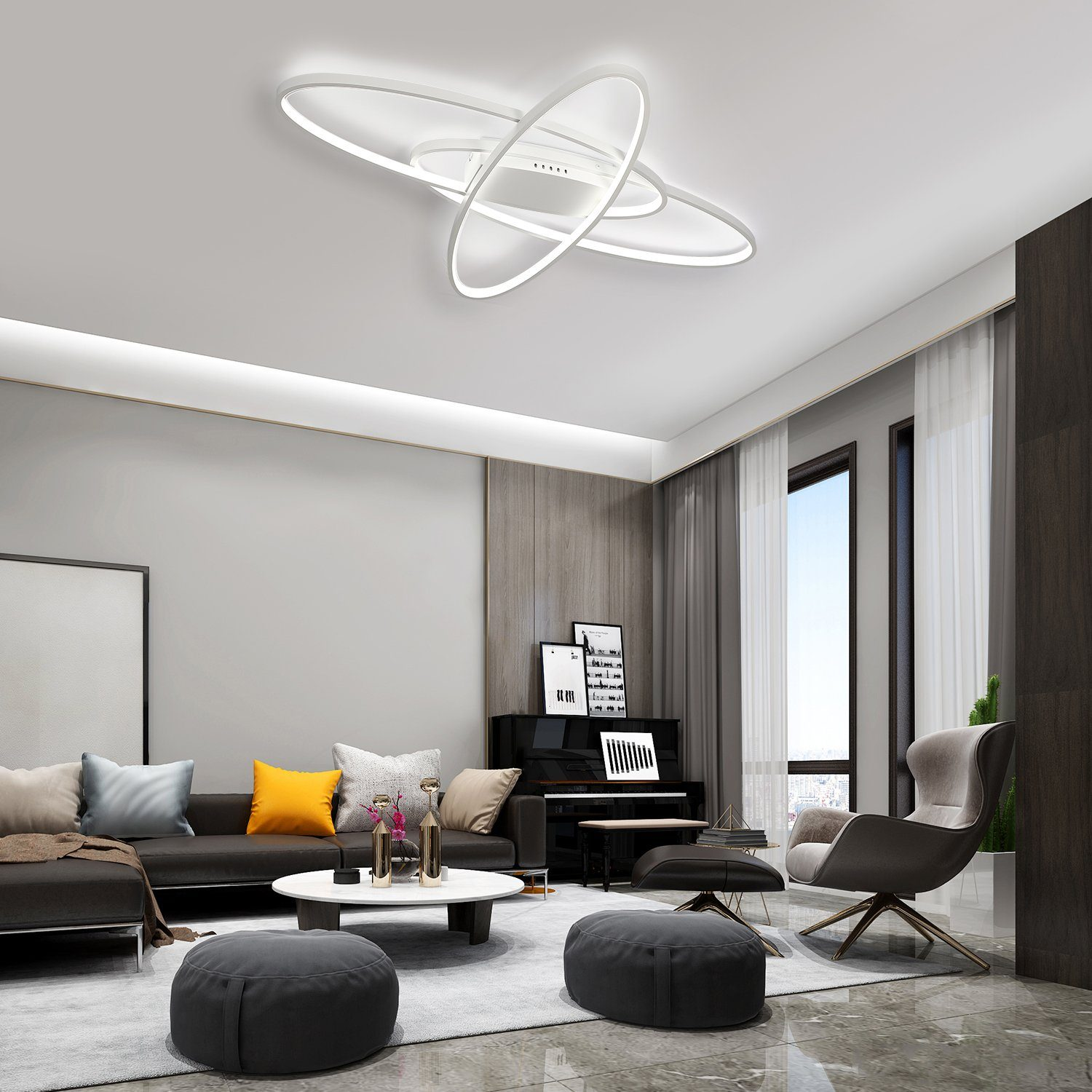 Modernes Wohnzimmer mit Klavier, dunklem Sofa, ovalem Couchtisch und Sitzkissen.