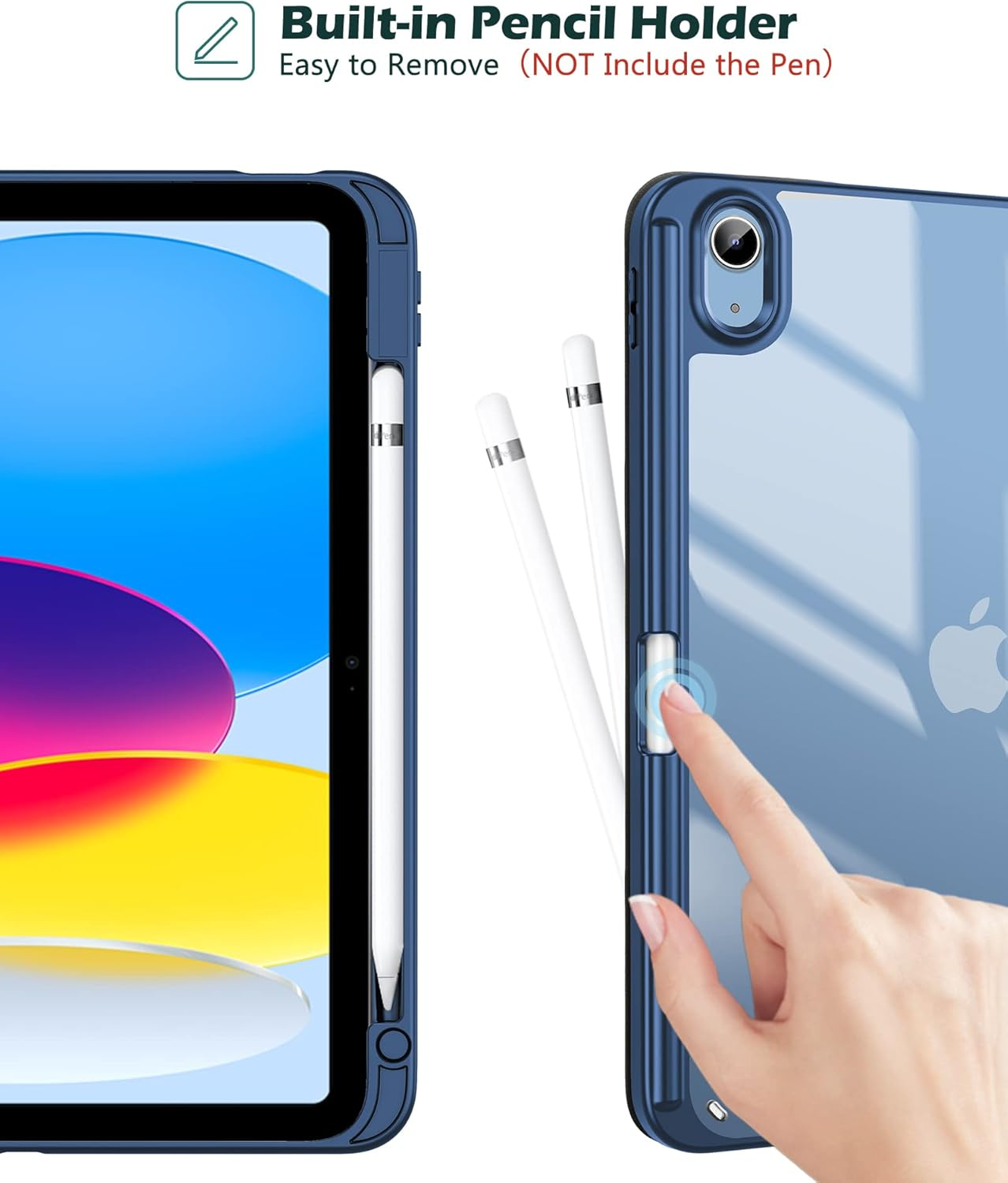 Blauer Tablet-Schutz mit Stifthalter. Finger drückt auf den Knopf.