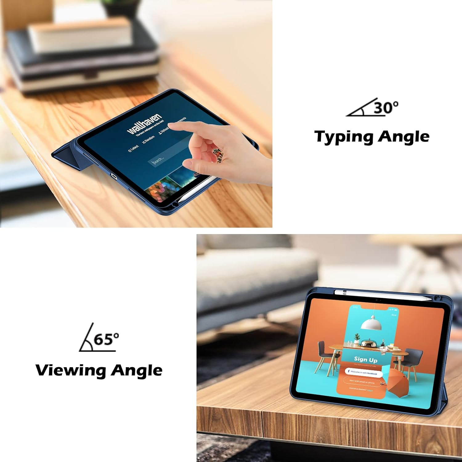 Ein Tablet zeigt einen Anmeldebildschirm. Zwei Winkel, 30° Tippen und 65° Betrachten, sind abgebildet.