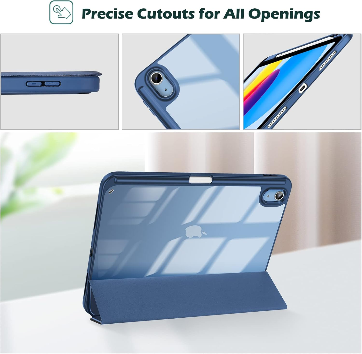 Blauer Tablet-Ständer mit transparentem Rückenteil und präzisen Aussparungen.
