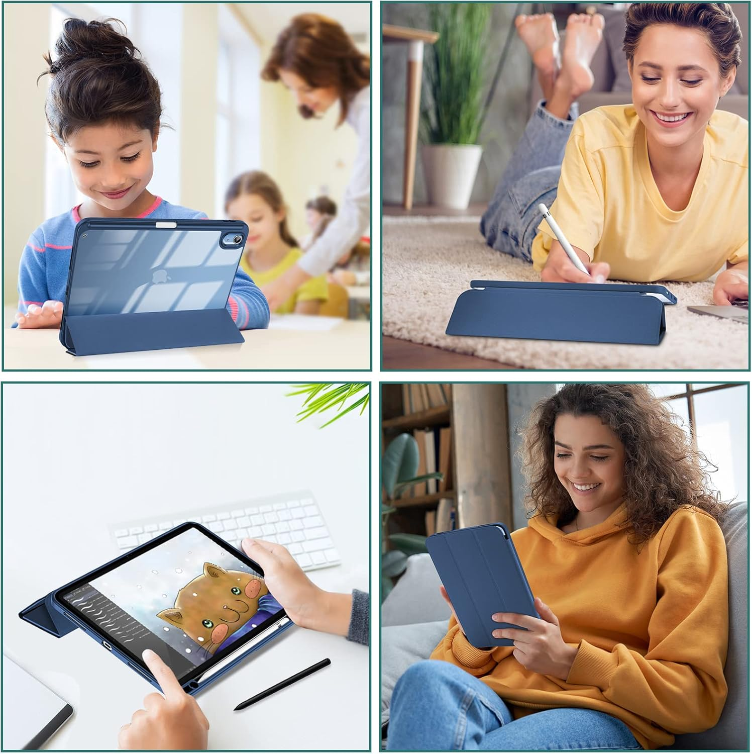 Vier Szenen zeigen Personen mit Tablets und Hüllen. Eine zeigt ein Kind, eine Frau auf dem Boden, eine Person am Schreibtisch und eine Frau auf dem Sofa.