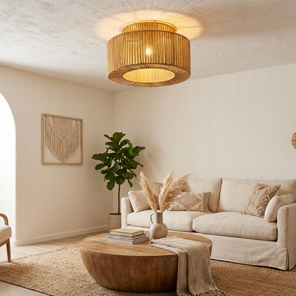 Una sala de estar con una lámpara de techo tejida, sofá, mesa de centro, planta y colgante de macramé.