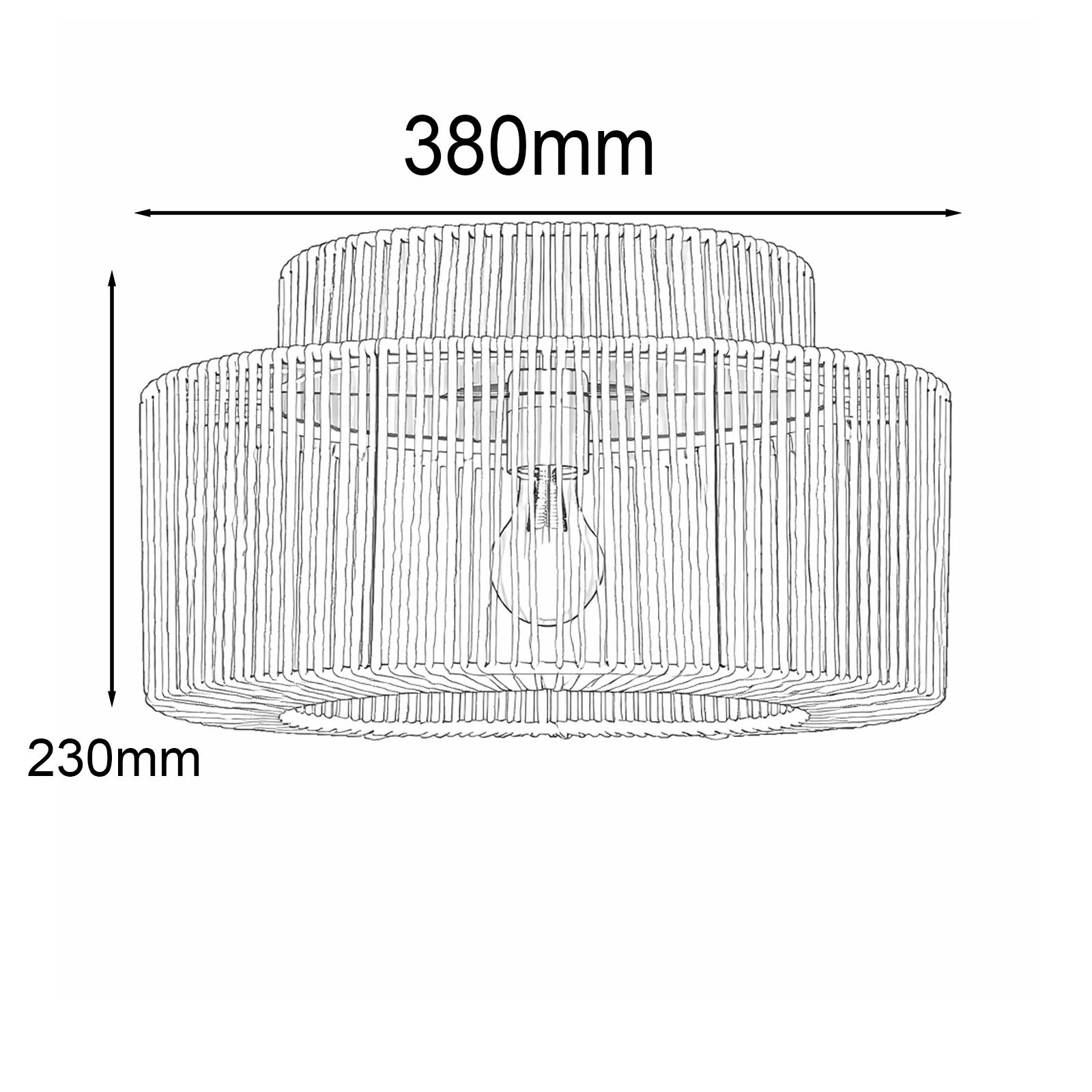 Un dibujo lineal de una lámpara con dimensiones de 380 mm de ancho y 230 mm de alto.