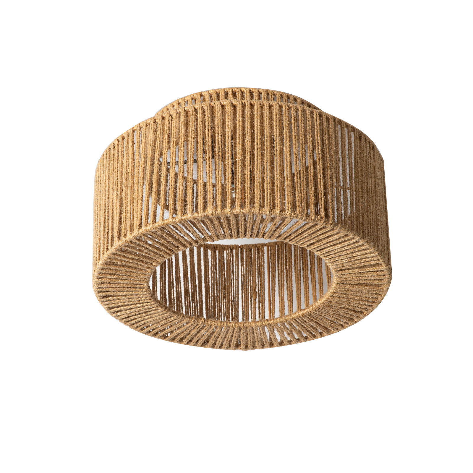Lámpara de techo de cuerda marrón con pantalla cilíndrica de cuerdas verticales.