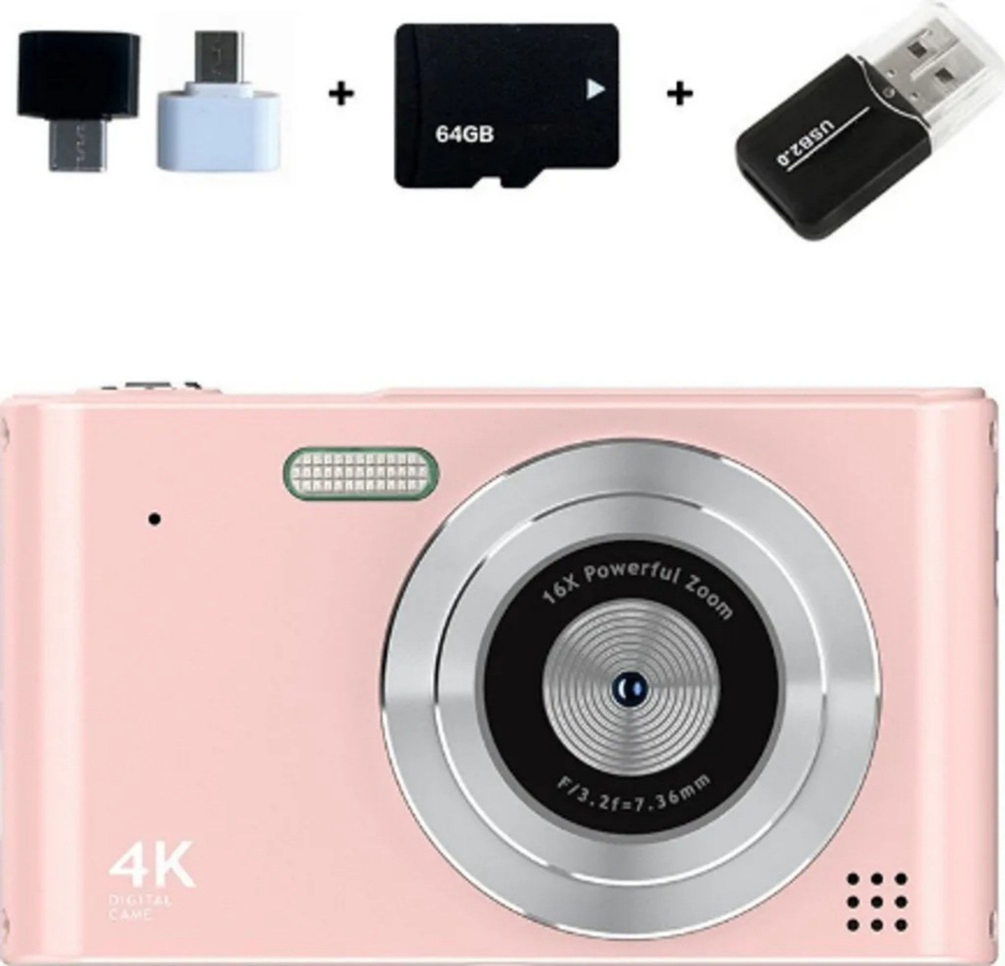 Ein rosa 4K-Digitalkamera-Set mit USB-Adaptern und einer 64-GB-SD-Karte.