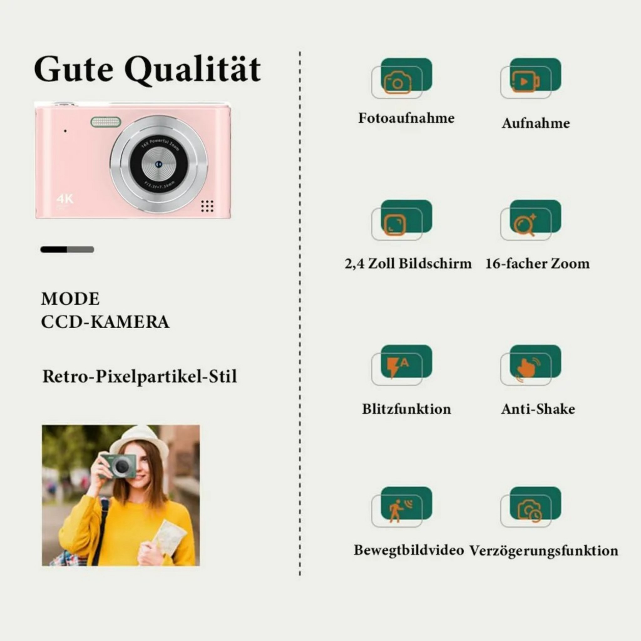 Eine rosafarbene Digitalkamera mit Funktionen wie 4K, 16x Zoom und Blitz.