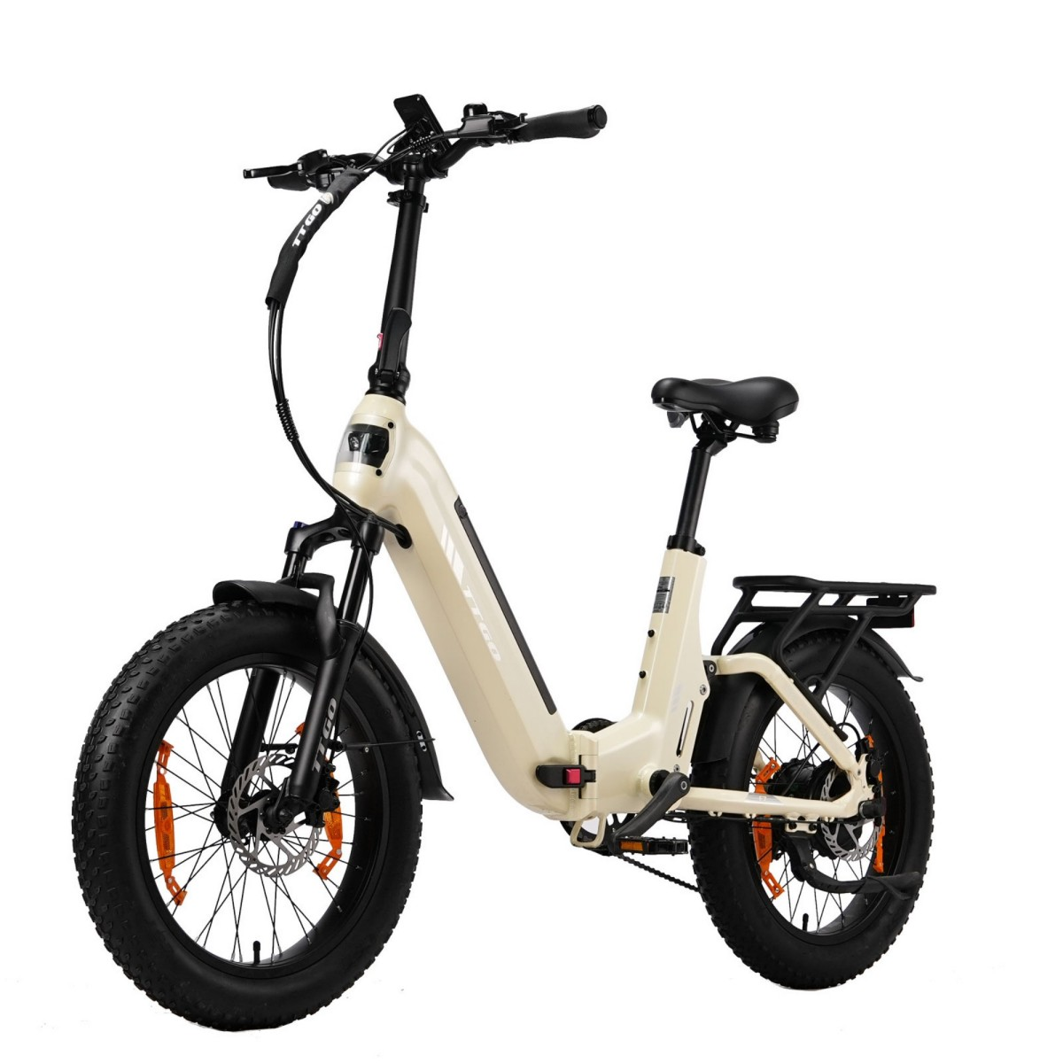 Kremowy rower elektryczny z grubymi oponami, czarnym siodełkiem i bagażnikiem.