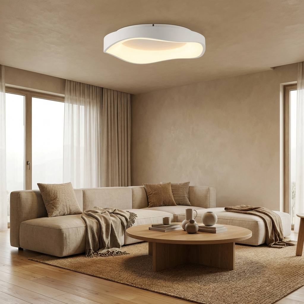 Una sala de estar luminosa con sofá seccional beige, mesa de centro y mantas.