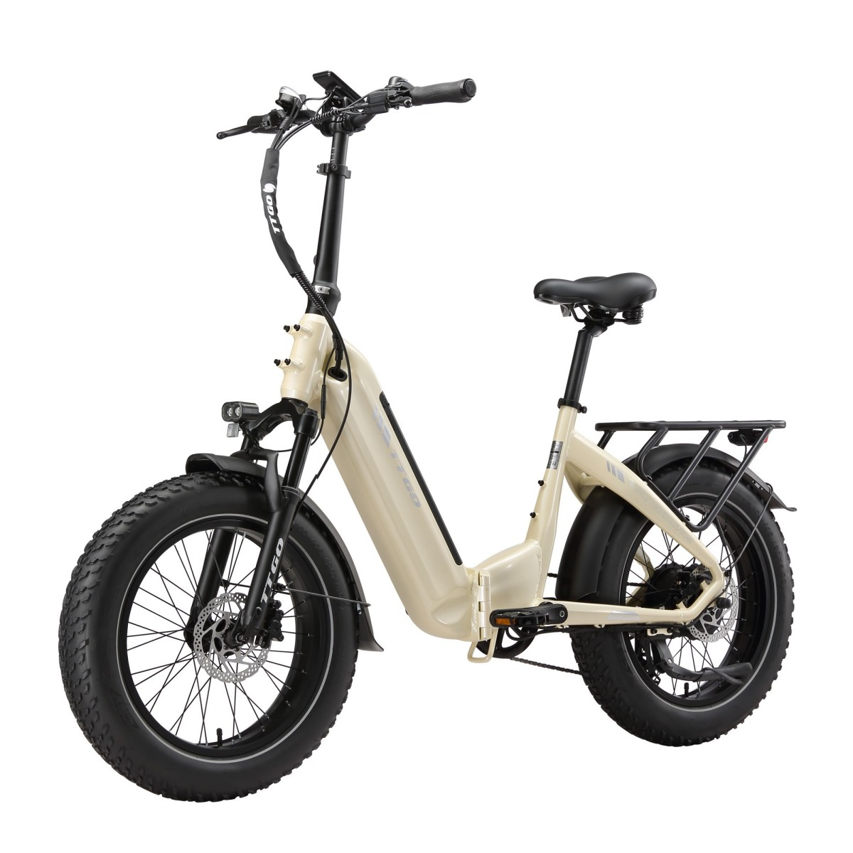Kremowy rower elektryczny fat bike z tylnym bagażnikiem i przednim światłem.