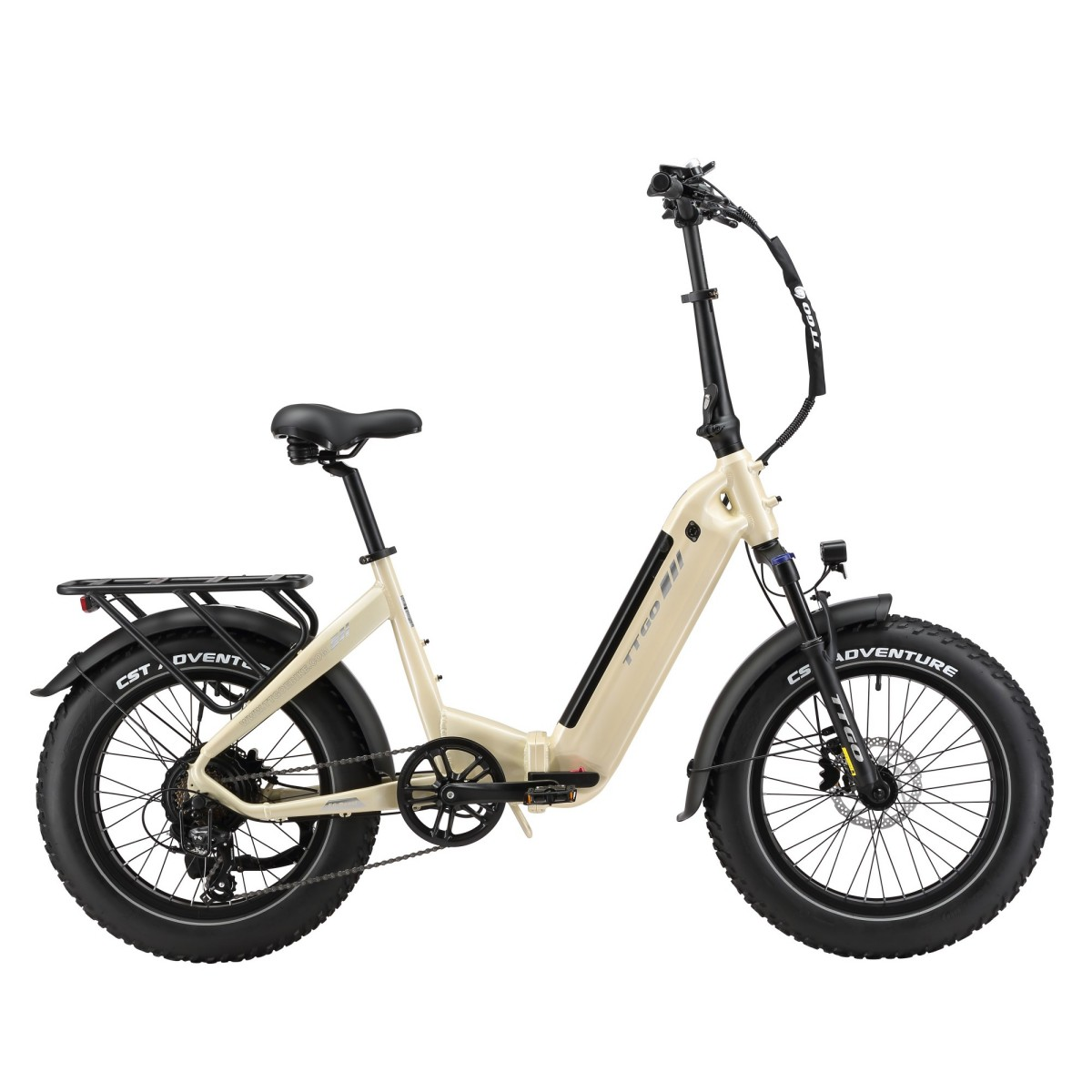 Beżowy składany rower typu fat bike z czarnymi oponami, bagażnikiem i amortyzacją.
