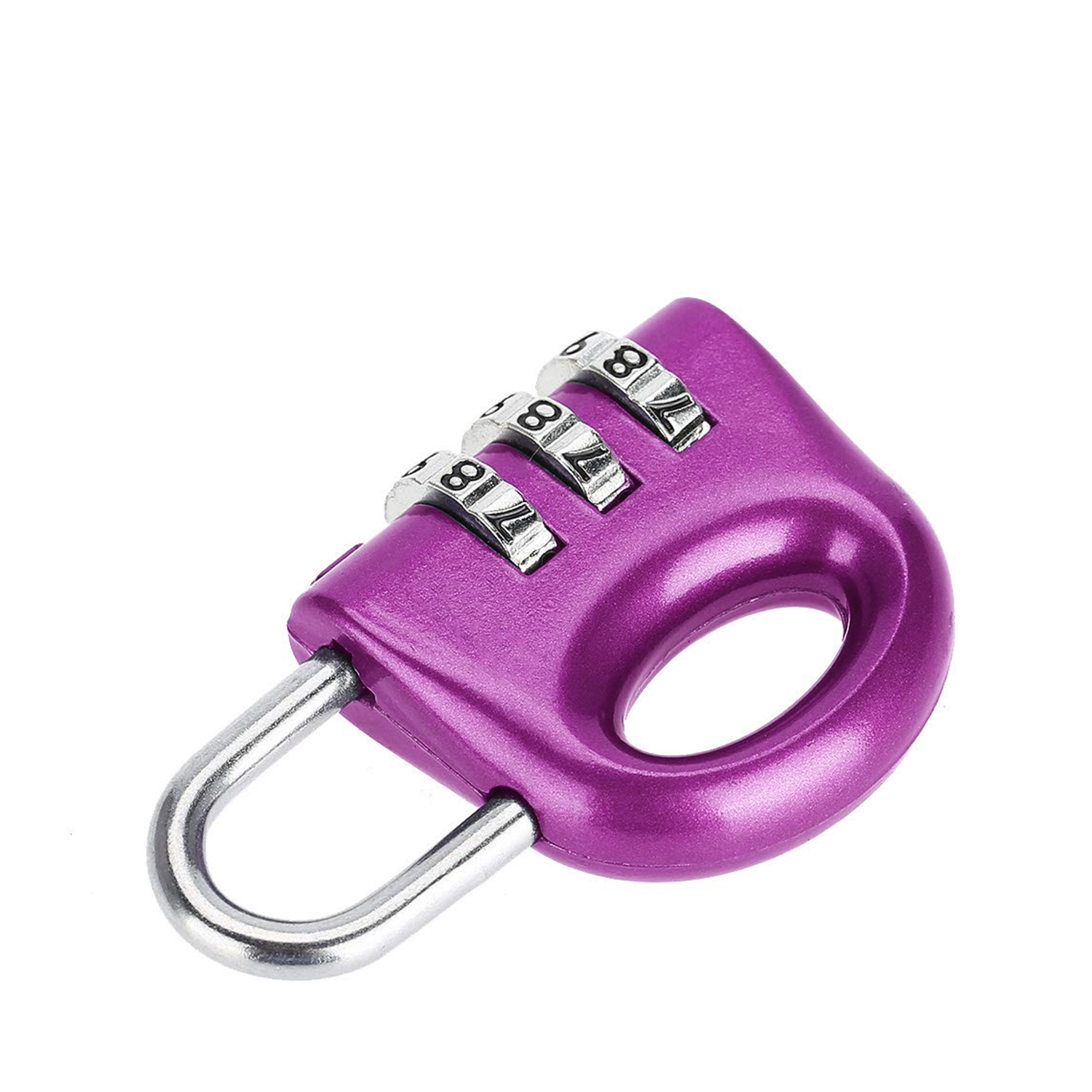 Un lucchetto a combinazione viola con arco argentato e i numeri 8, 7, 8.