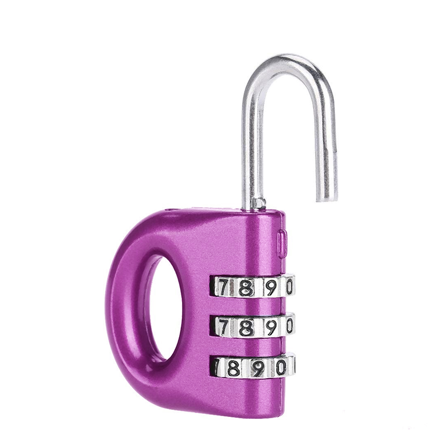Un lucchetto a combinazione rosa brillante con un grillo argentato si erge su uno sfondo bianco. I numeri 7, 8, 9 e 0 sono visibili sui suoi tre quadranti.