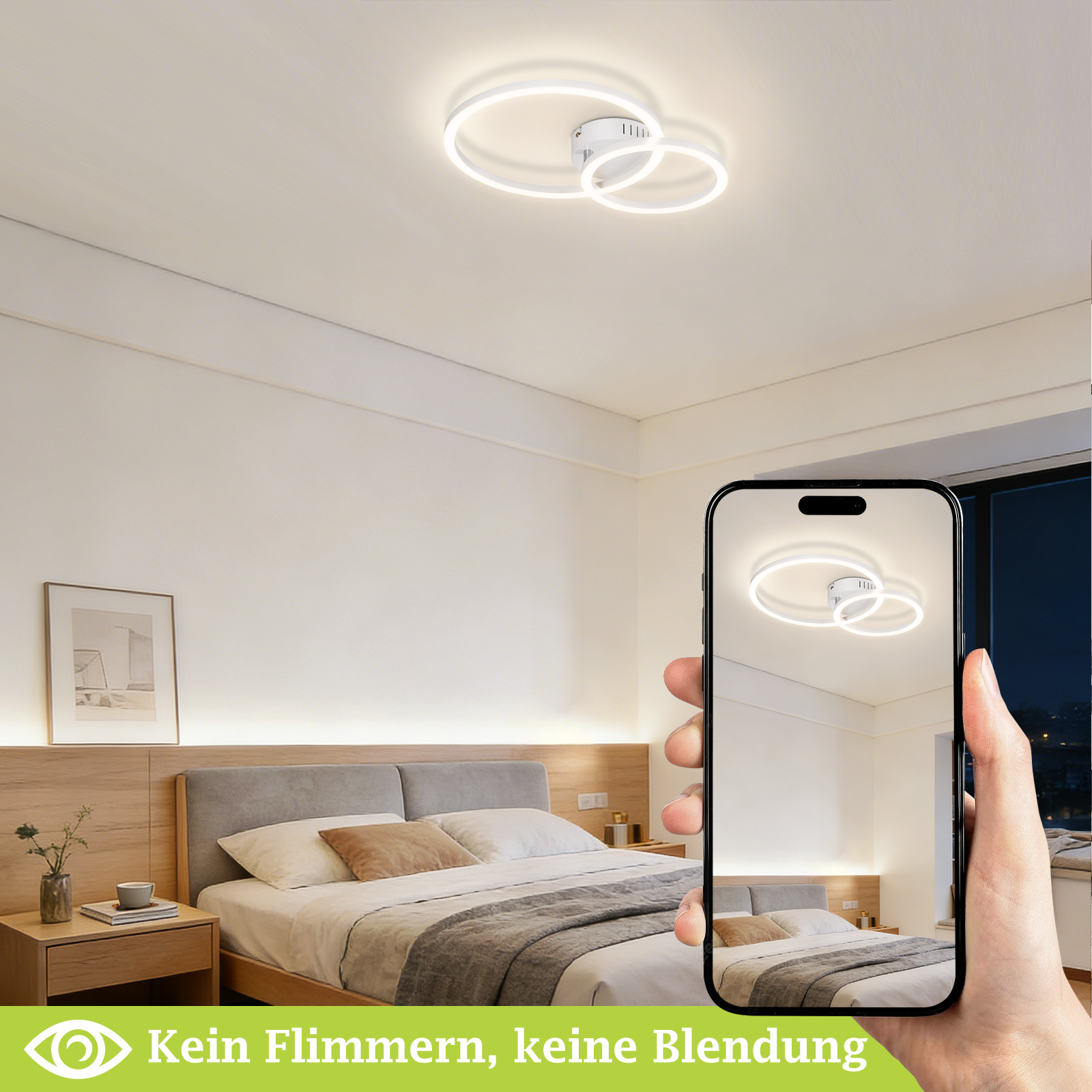 Una camera da letto moderna con una lampada ad anello sul soffitto, mostrata su un cellulare.