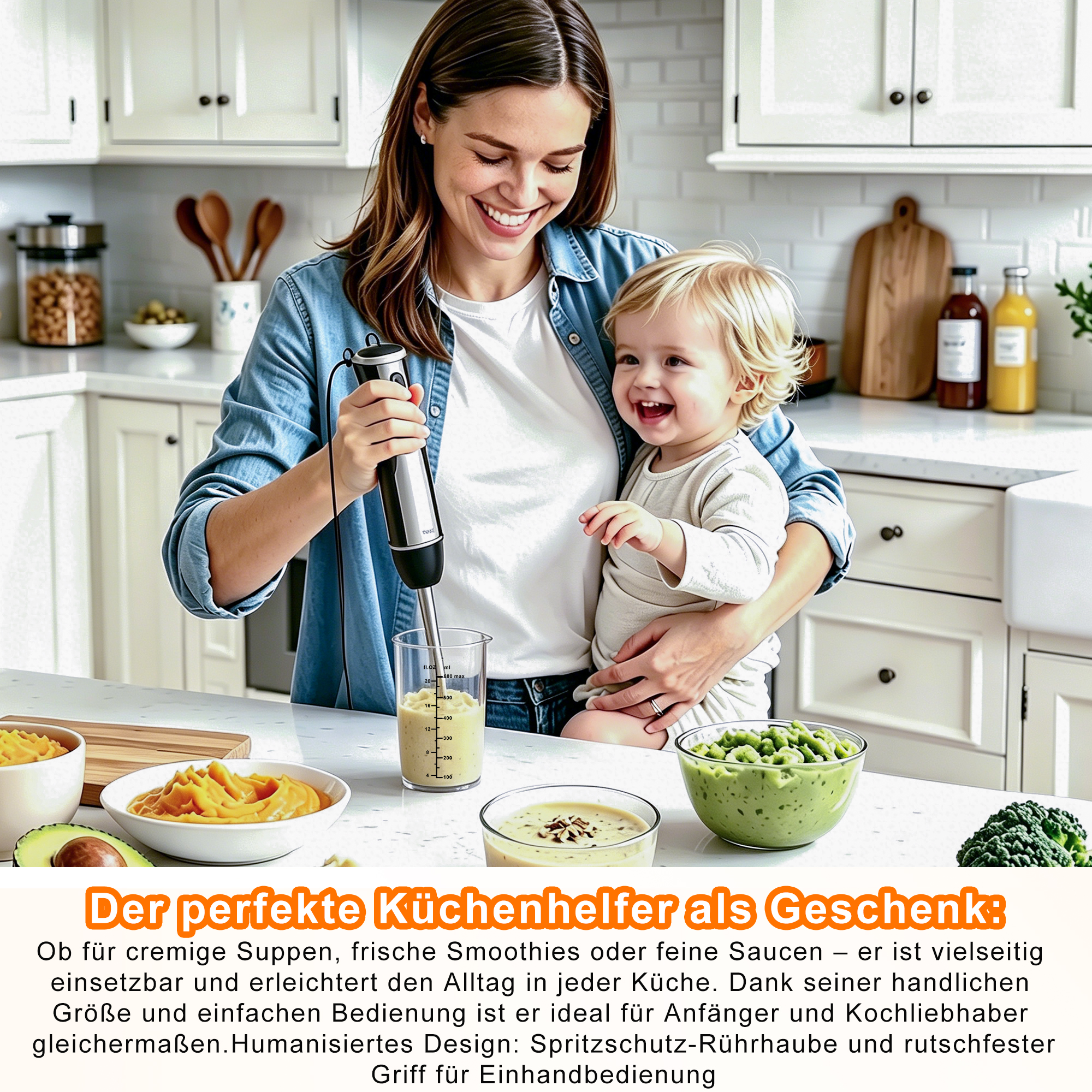 Eine Frau hält ein Baby und einen Stabmixer über einem Becher mit Smoothie.