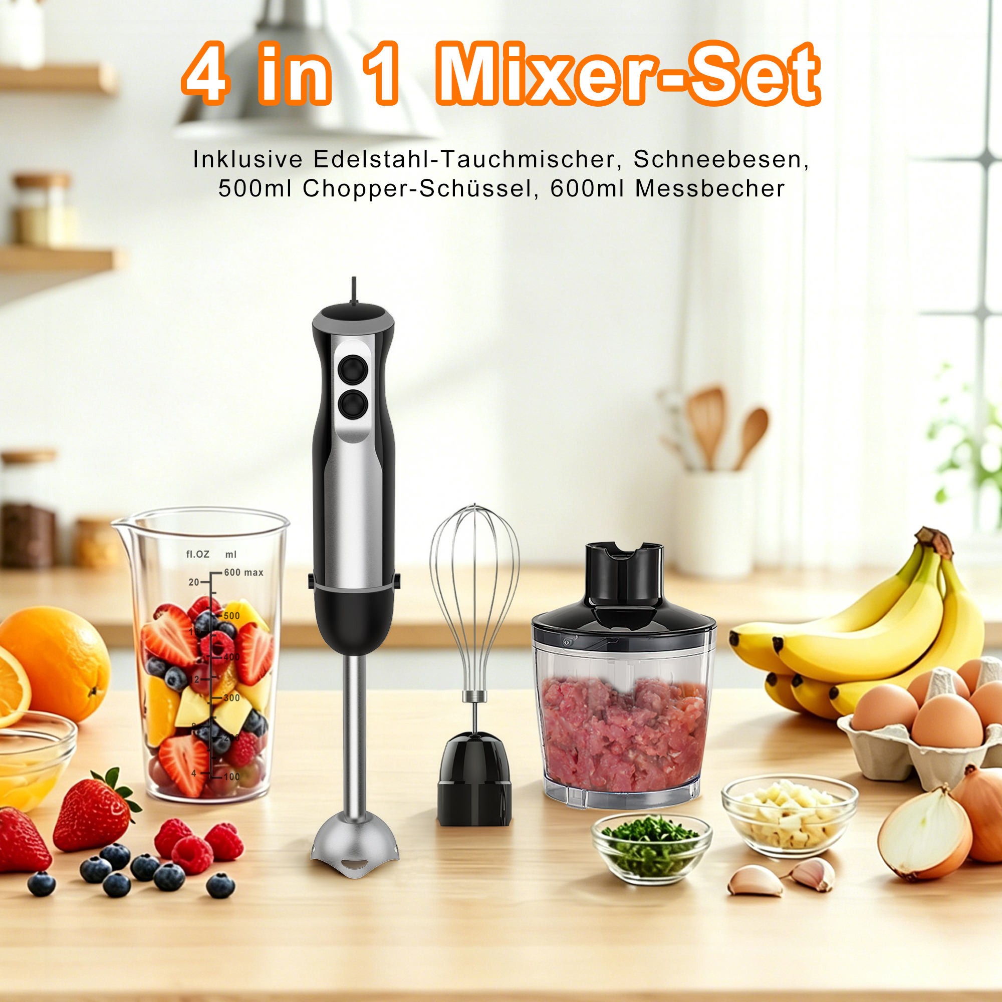 Ein Stabmixer-Set mit Obst, Fleisch, Eiern und Gemüse auf einem Holztisch.
