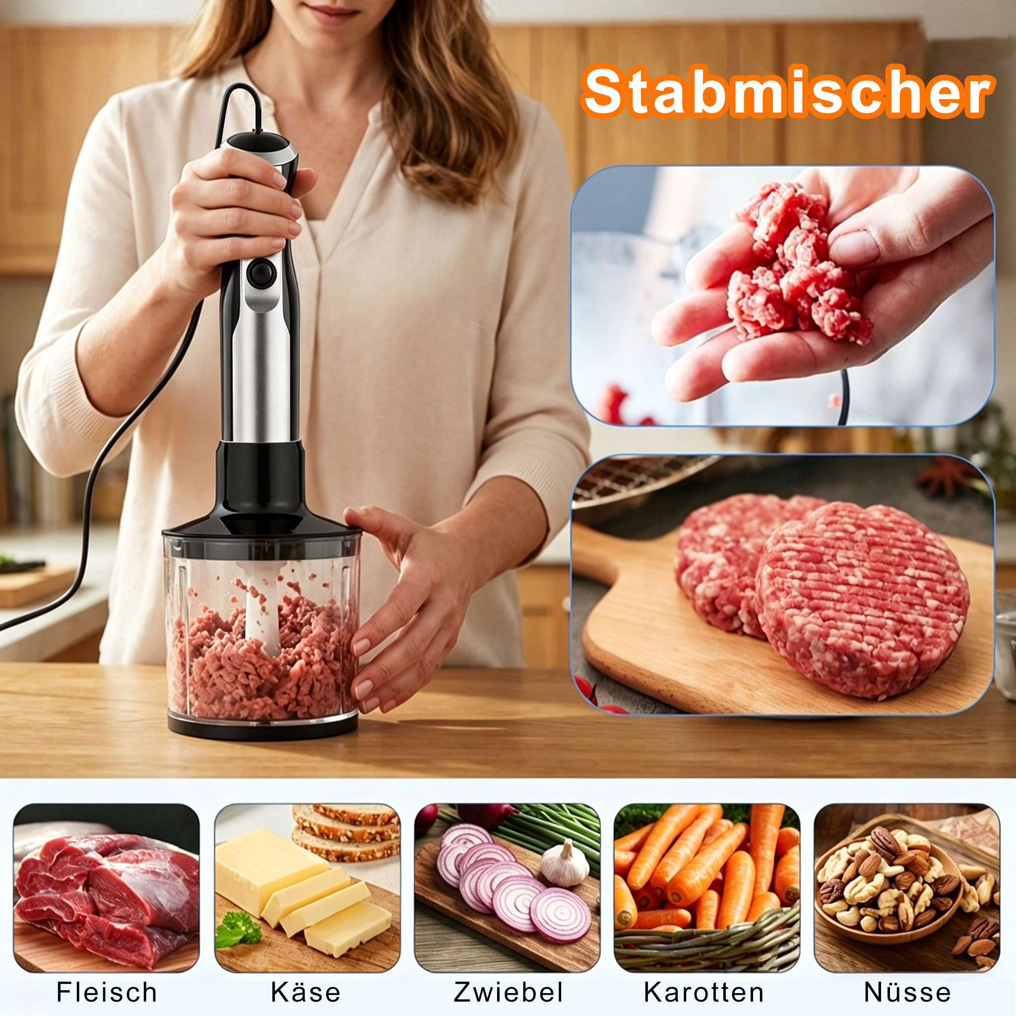 Handmixer zerkleinert Fleisch in einem Behälter. Mehrere Zutaten sind zu sehen.