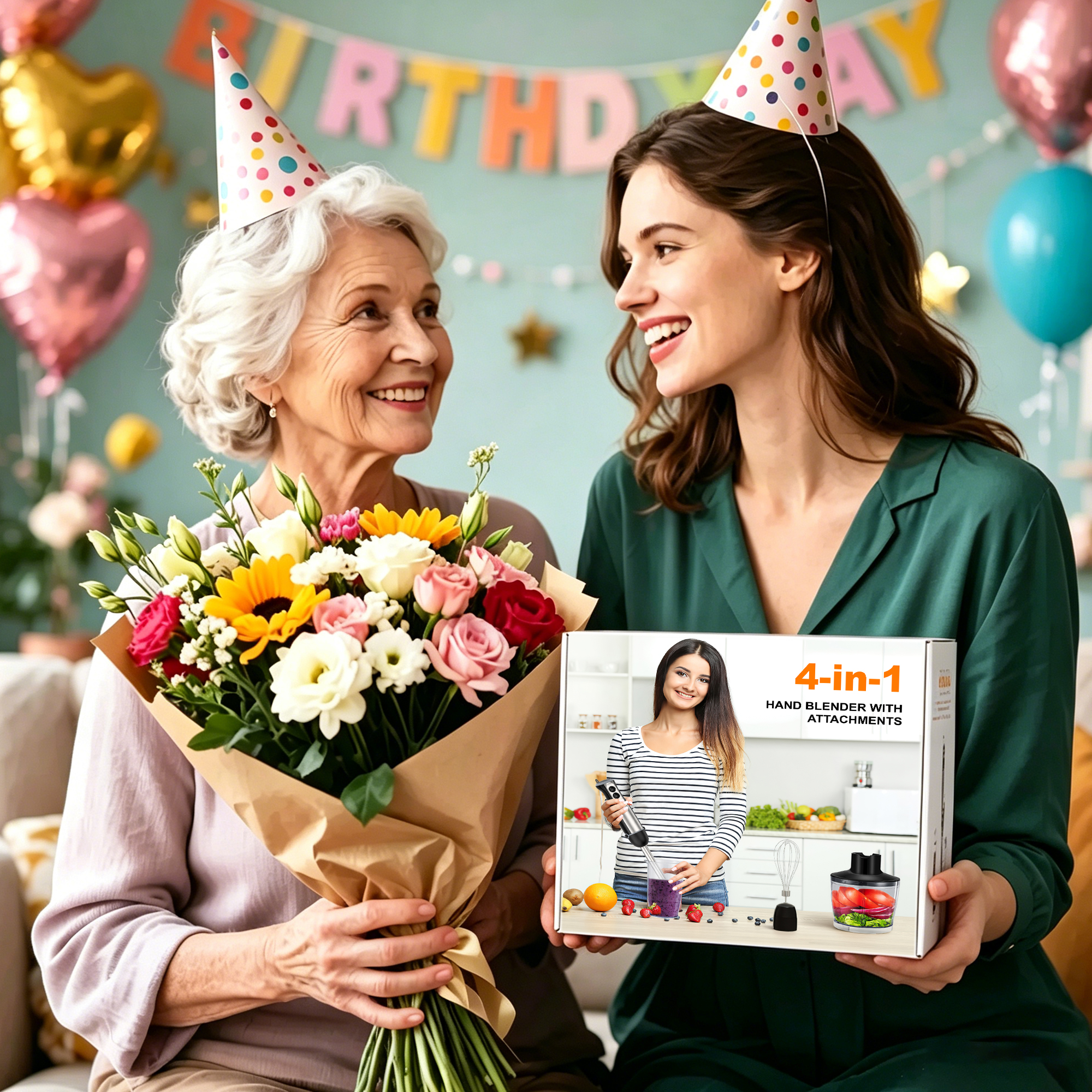 Zwei Frauen feiern Geburtstag mit Blumen und einer Geschenkbox eines Handmixers.