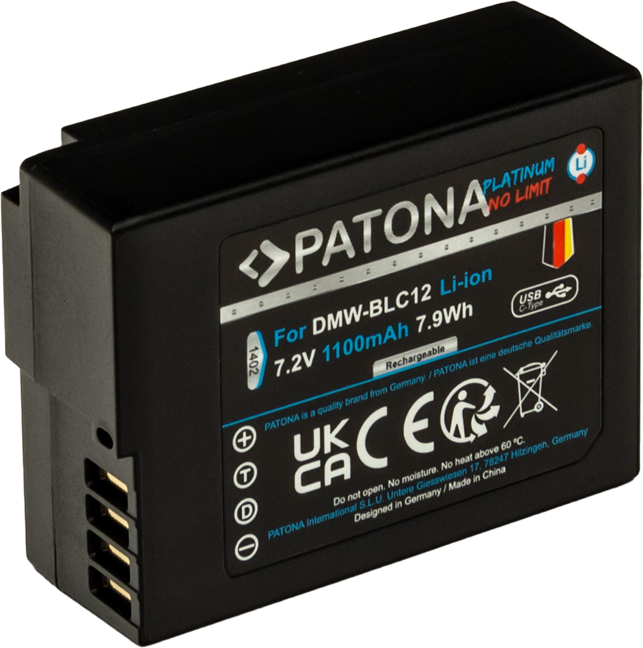 Batteria nera per DMW-BLC12, 7.2V 1100mAh, con USB Type-C.