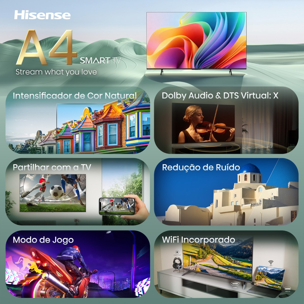 Hisense A4 Smart TV con pantalla vibrante, casas, violinista, pueblo, jugador y portátil.