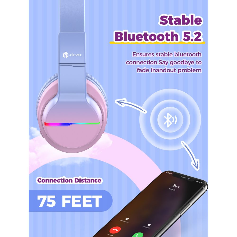 Casque rose et bleu avec lumières LED, Bluetooth 5.2, portée 75 pieds, écran d'appel.