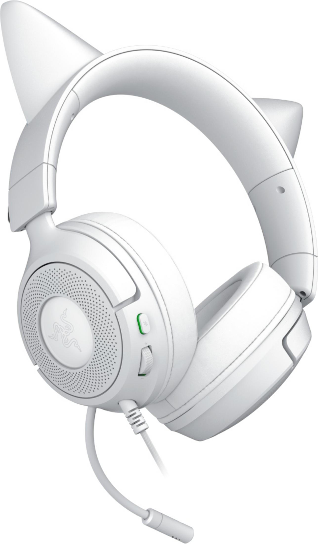 Un headset bianco con orecchie da gatto e microfono.
