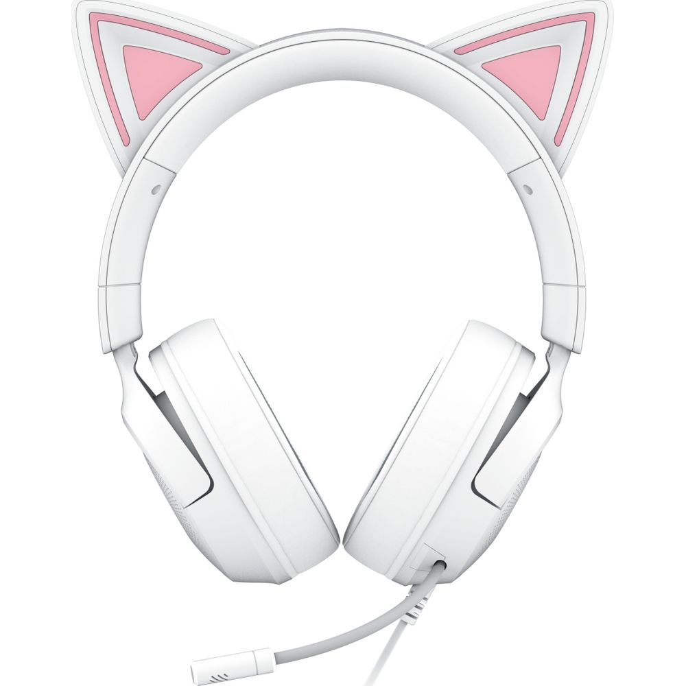 Cuffie bianche con orecchie da gatto rosa e microfono.