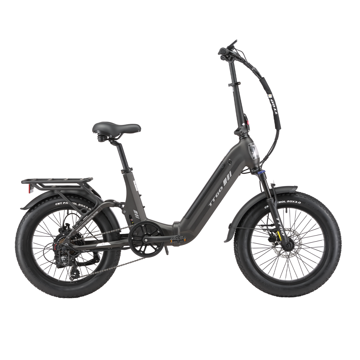 Szary rower elektryczny składany z grubymi oponami, bagażnikiem i amortyzacją.