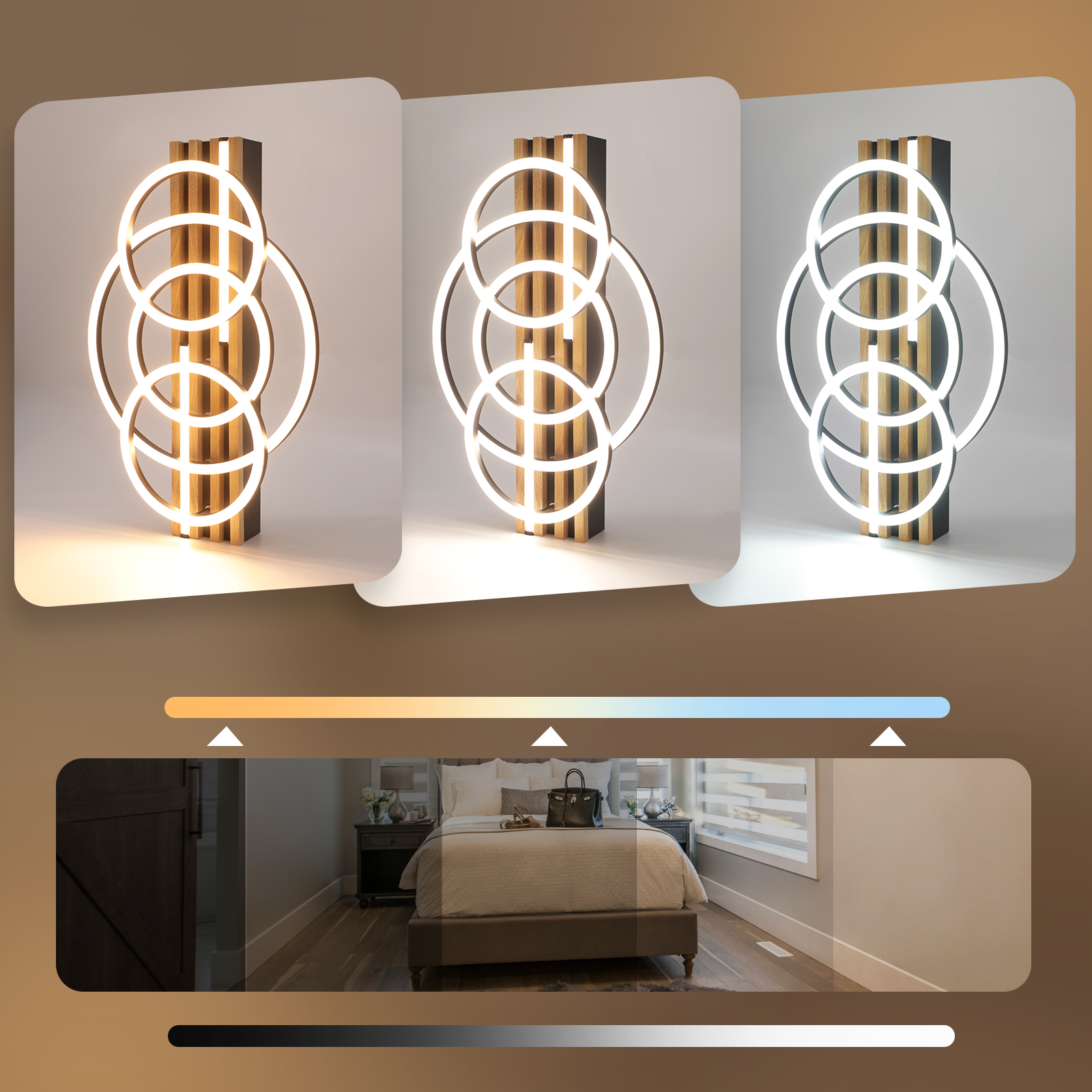 Una base in legno moderna con luci LED circolari, illuminata in tre diverse temperature di colore.