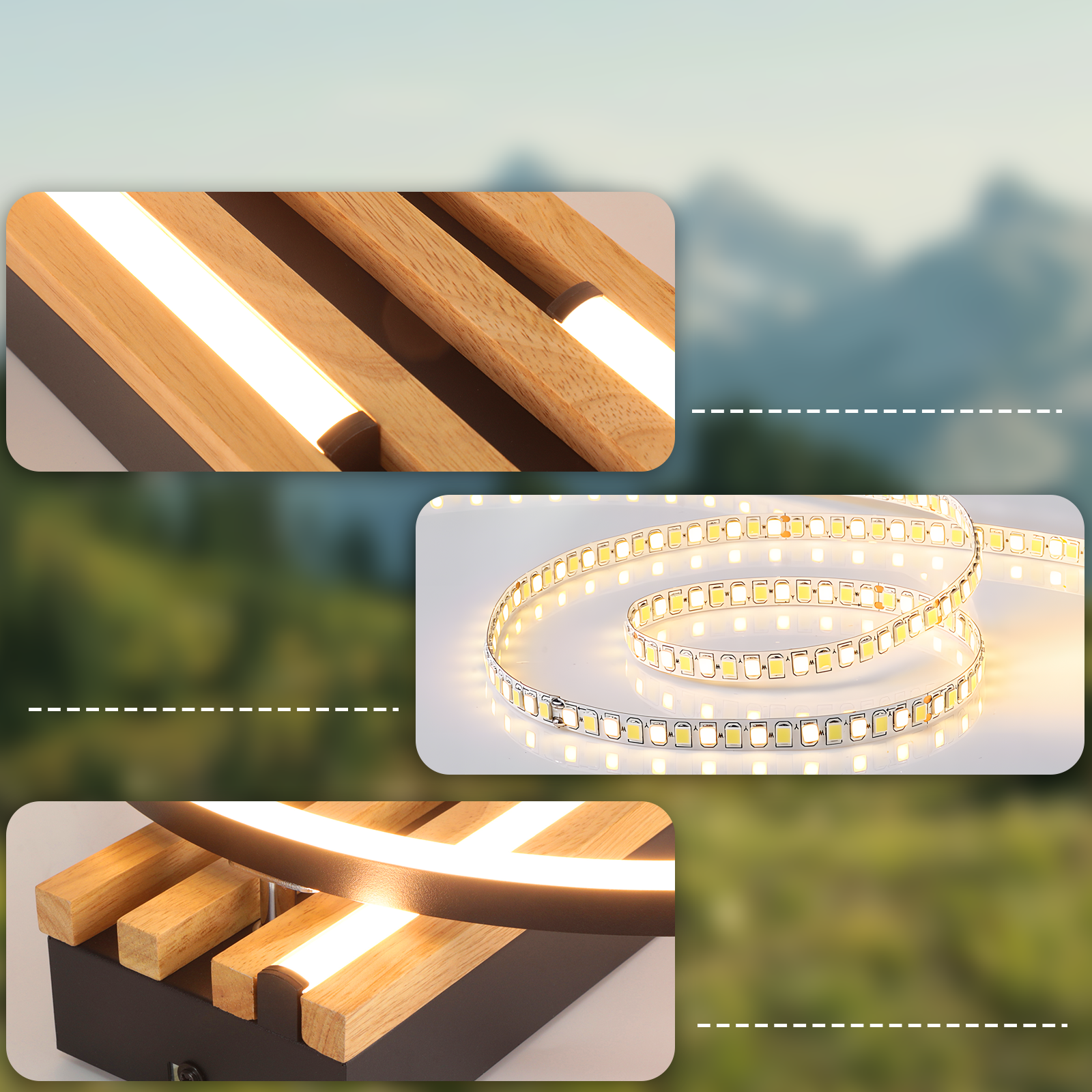 Listelli di legno con strisce LED integrate e una striscia luminosa LED separata.
