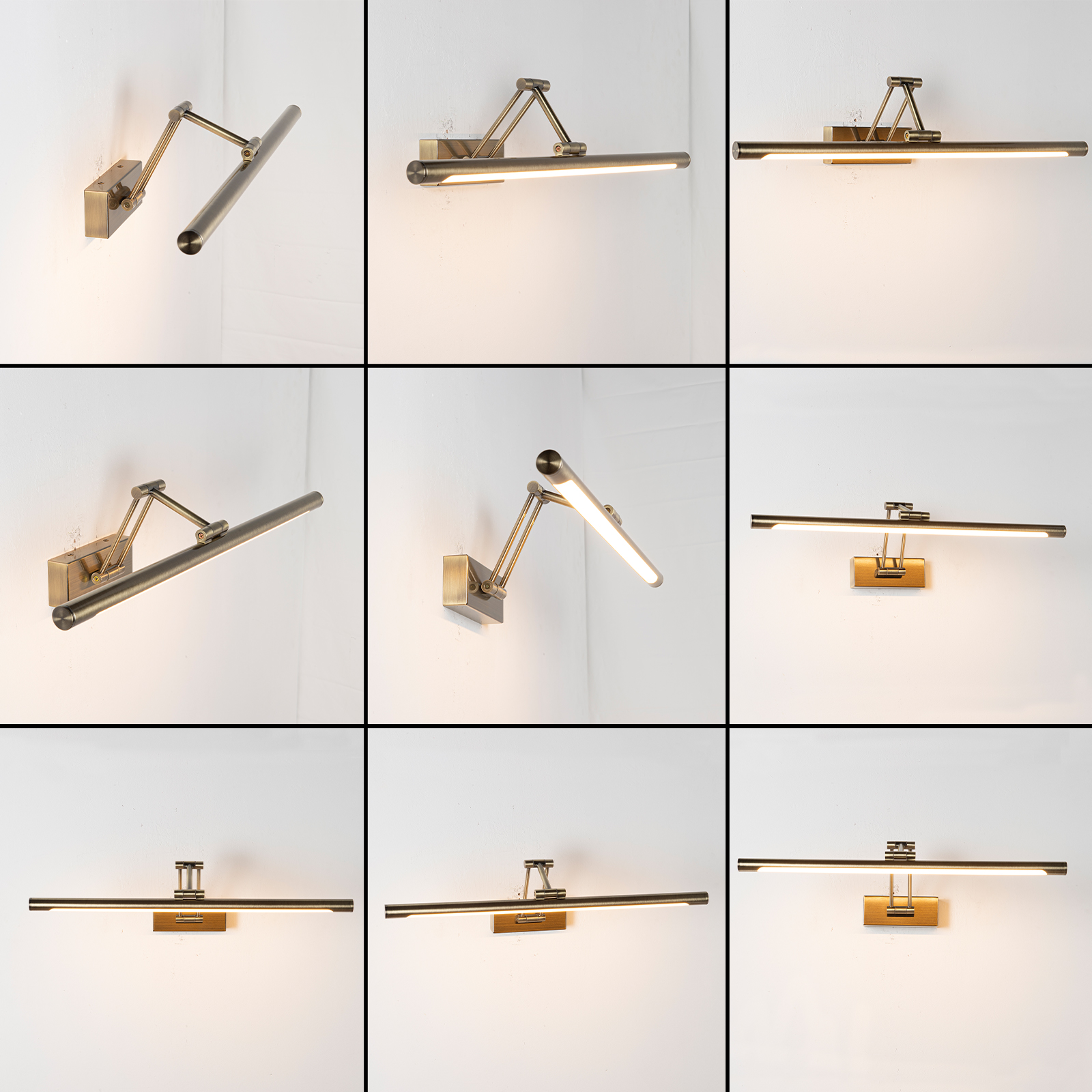 Una lámpara de pared de latón con brazo ajustable y luz LED.