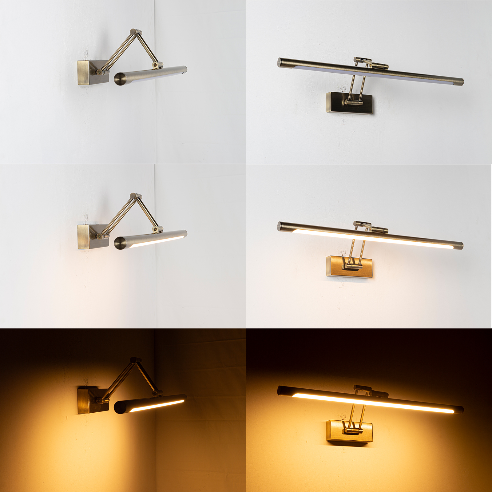 Un aplique de pared de latón ajustable ilumina una pared.