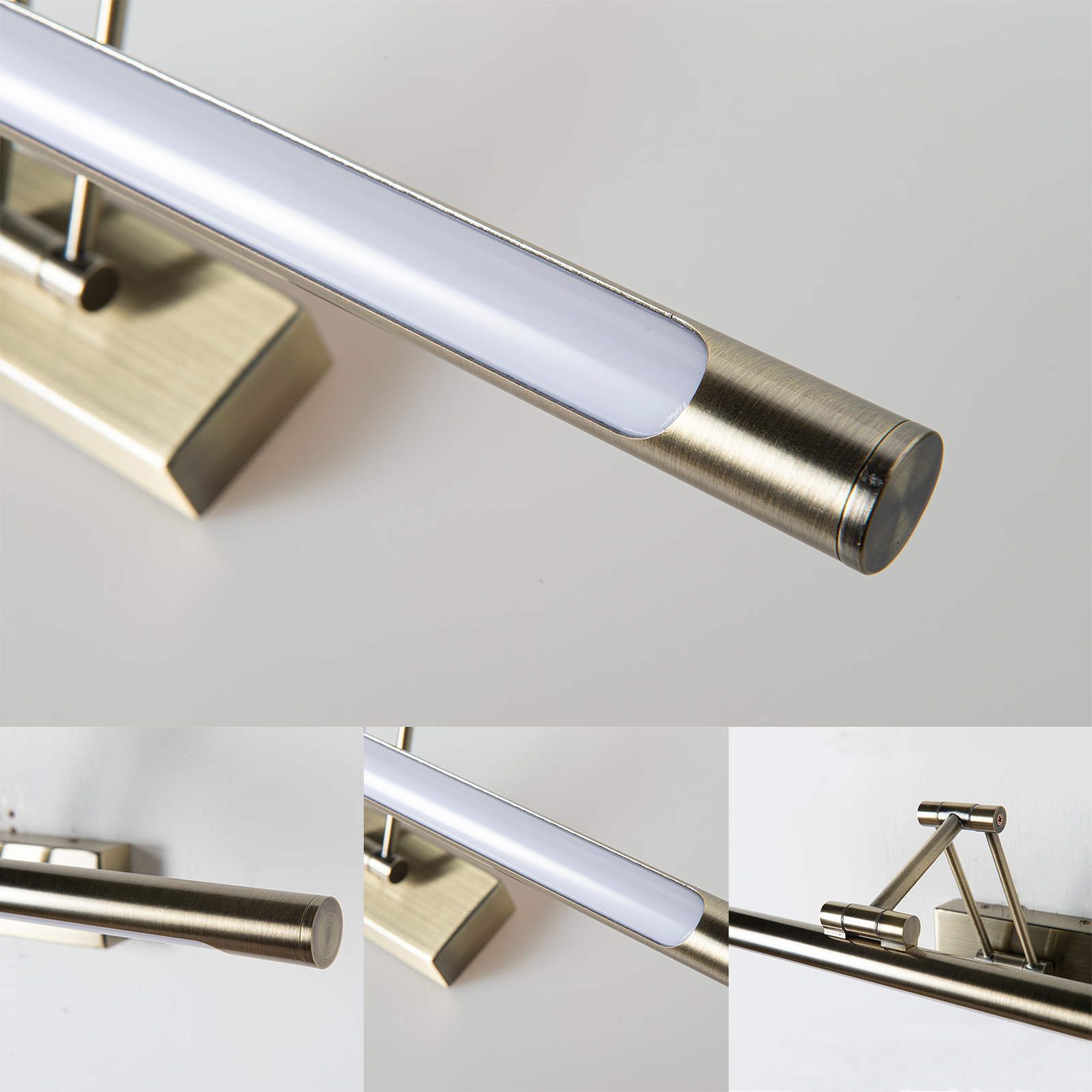 Lámpara de color bronce con luz LED y brazo ajustable.