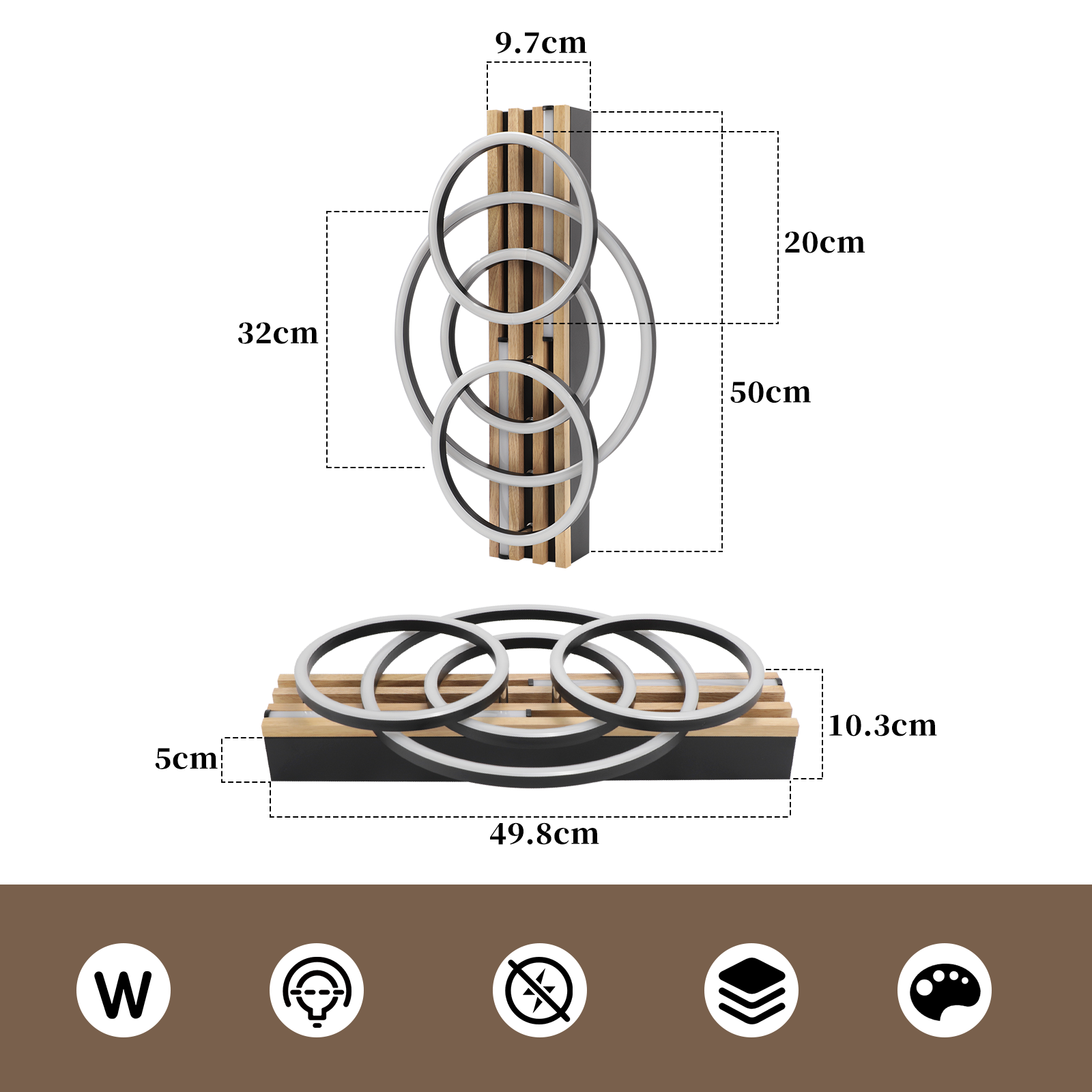 Una lampada da parete moderna con doghe in legno e anelli bianchi.
