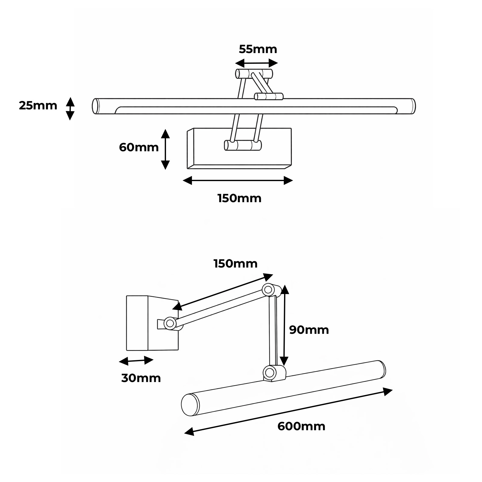 Dibujo técnico de una lámpara con dimensiones. Arriba: barra recta, abajo: brazo articulado.