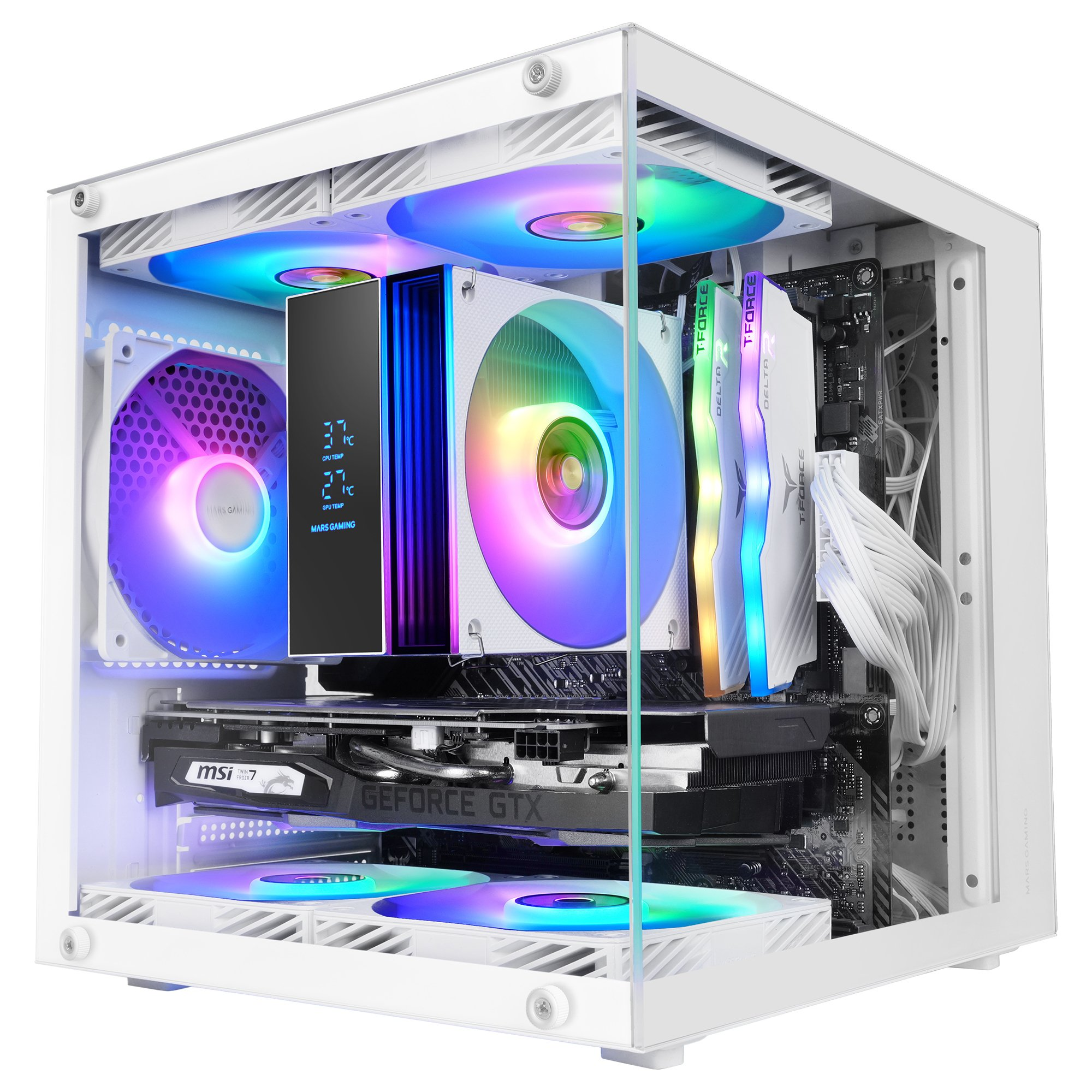 Un case per PC bianco con illuminazione RGB, componenti visibili e display a LED.