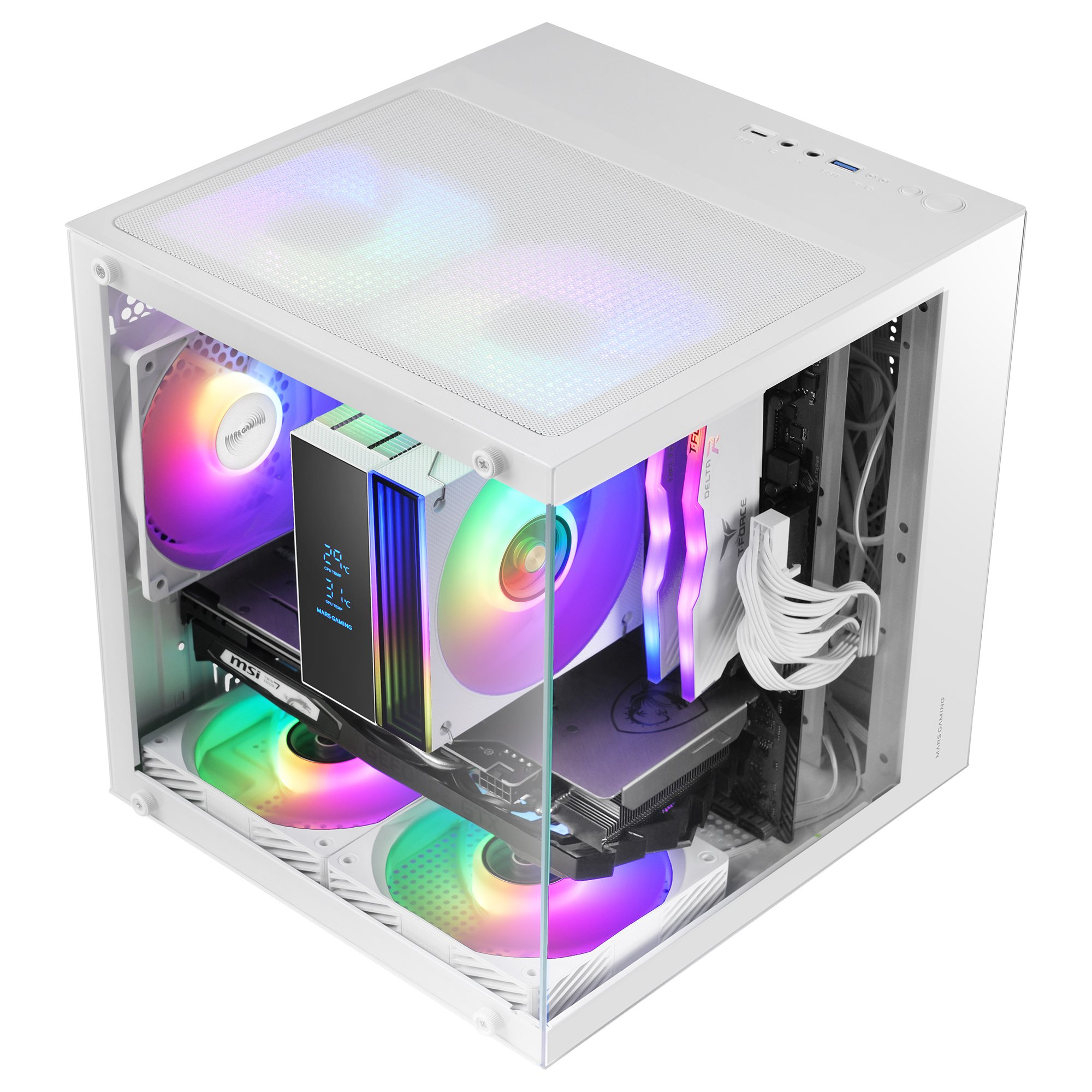 Un case PC bianco con ventole e componenti colorati.