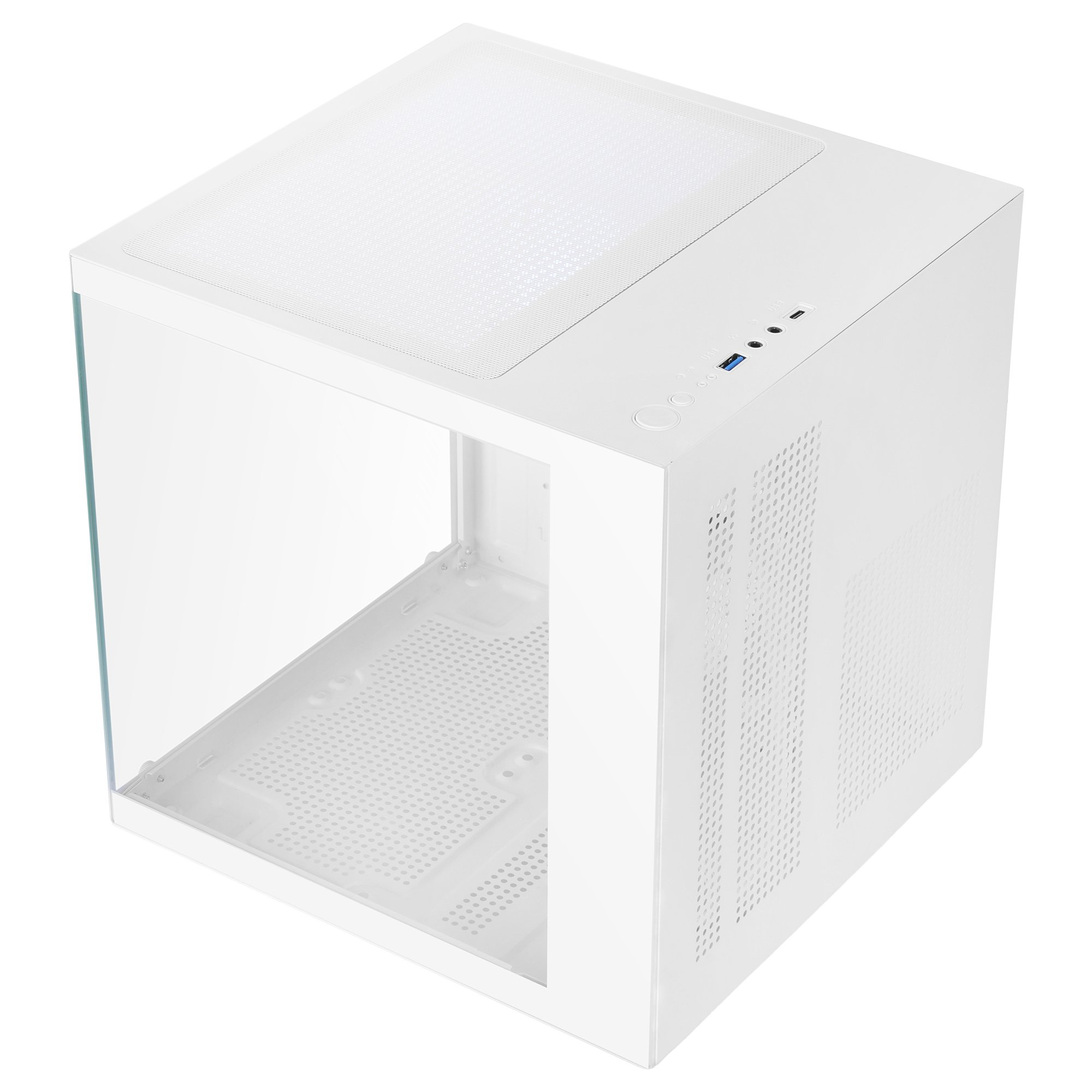 Case PC bianco con frontale in vetro e lati perforati.