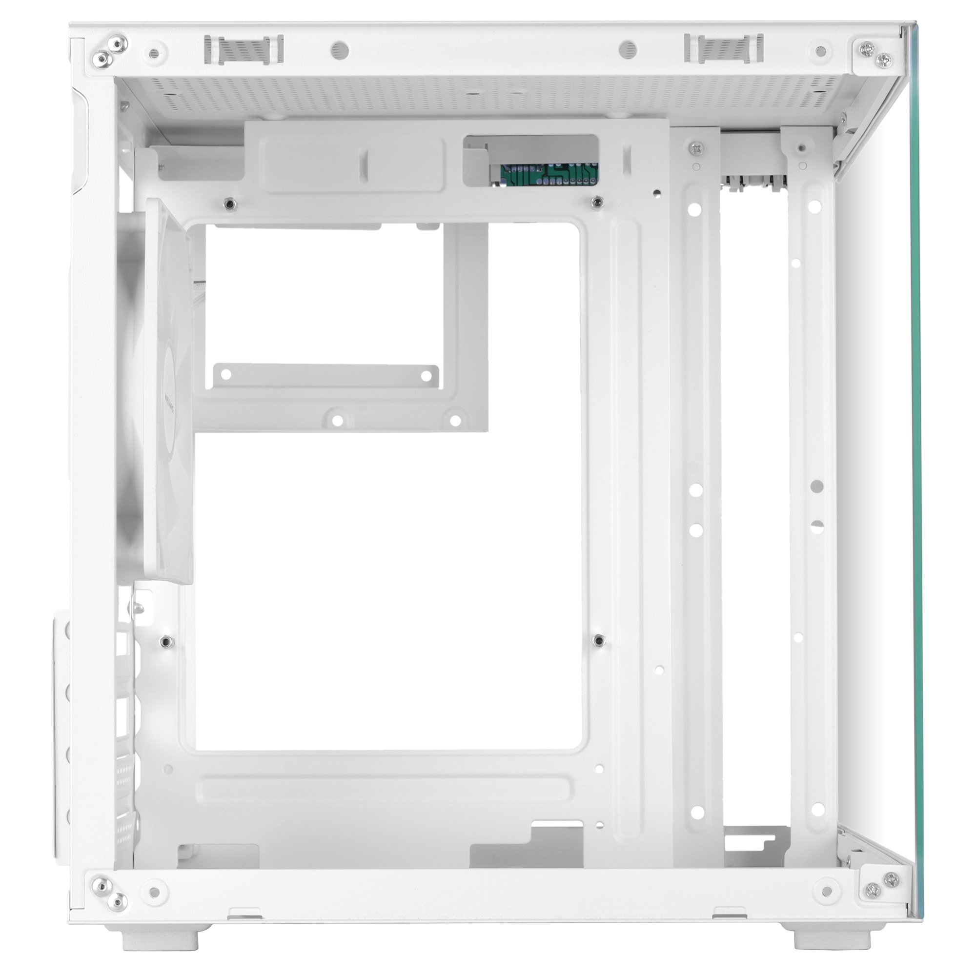 Case PC bianco con pannello laterale aperto, che rivela componenti interni. Bordo turchese.