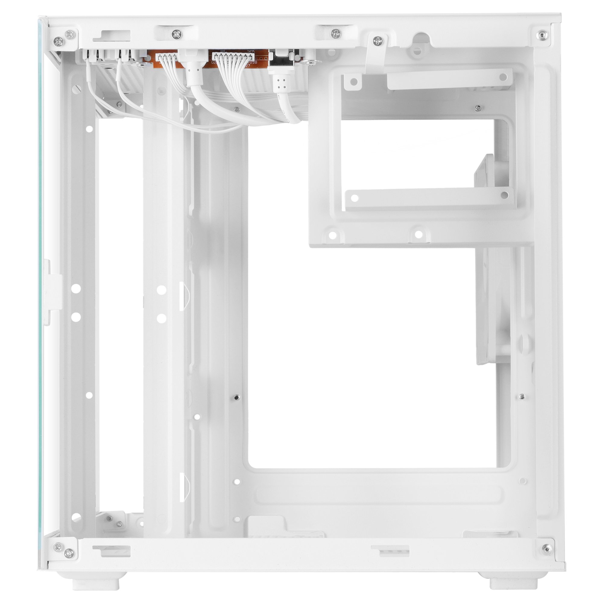 Vista interna di un case per computer bianco con cavi e schede elettroniche.