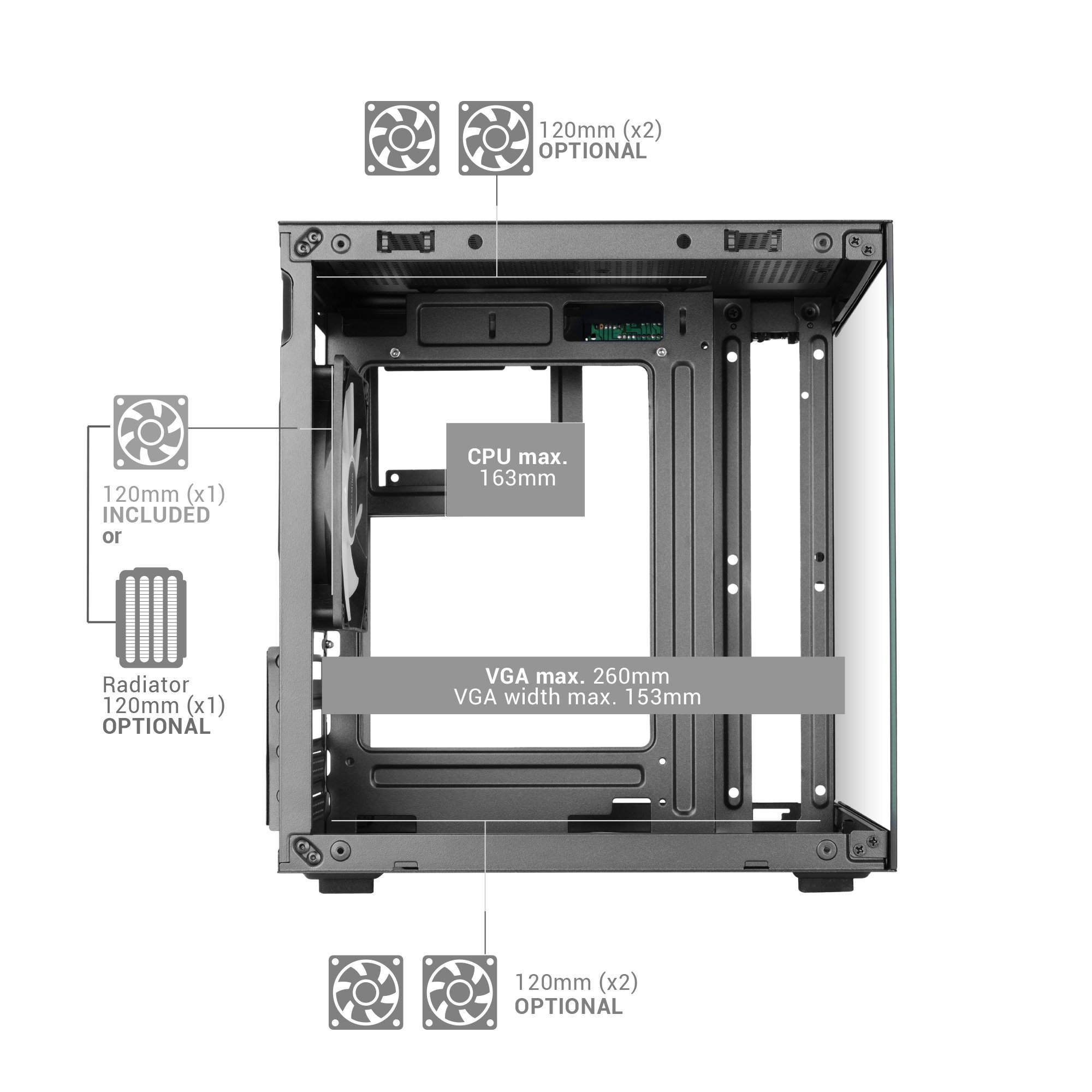Un case per computer mostra opzioni di ventola e radiatore, dimensioni CPU e VGA.