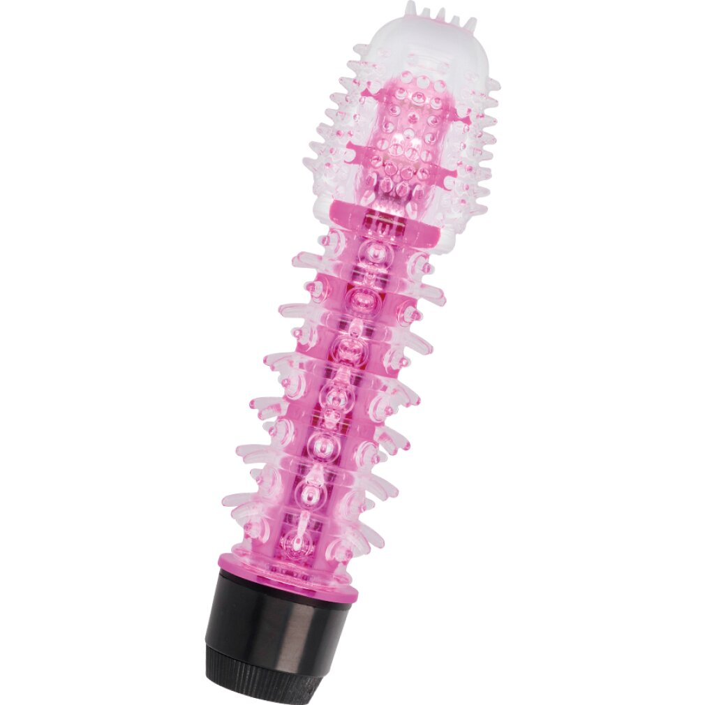 Ein rosafarbener Vibrator mit Noppen und Ringen auf weißem Hintergrund.