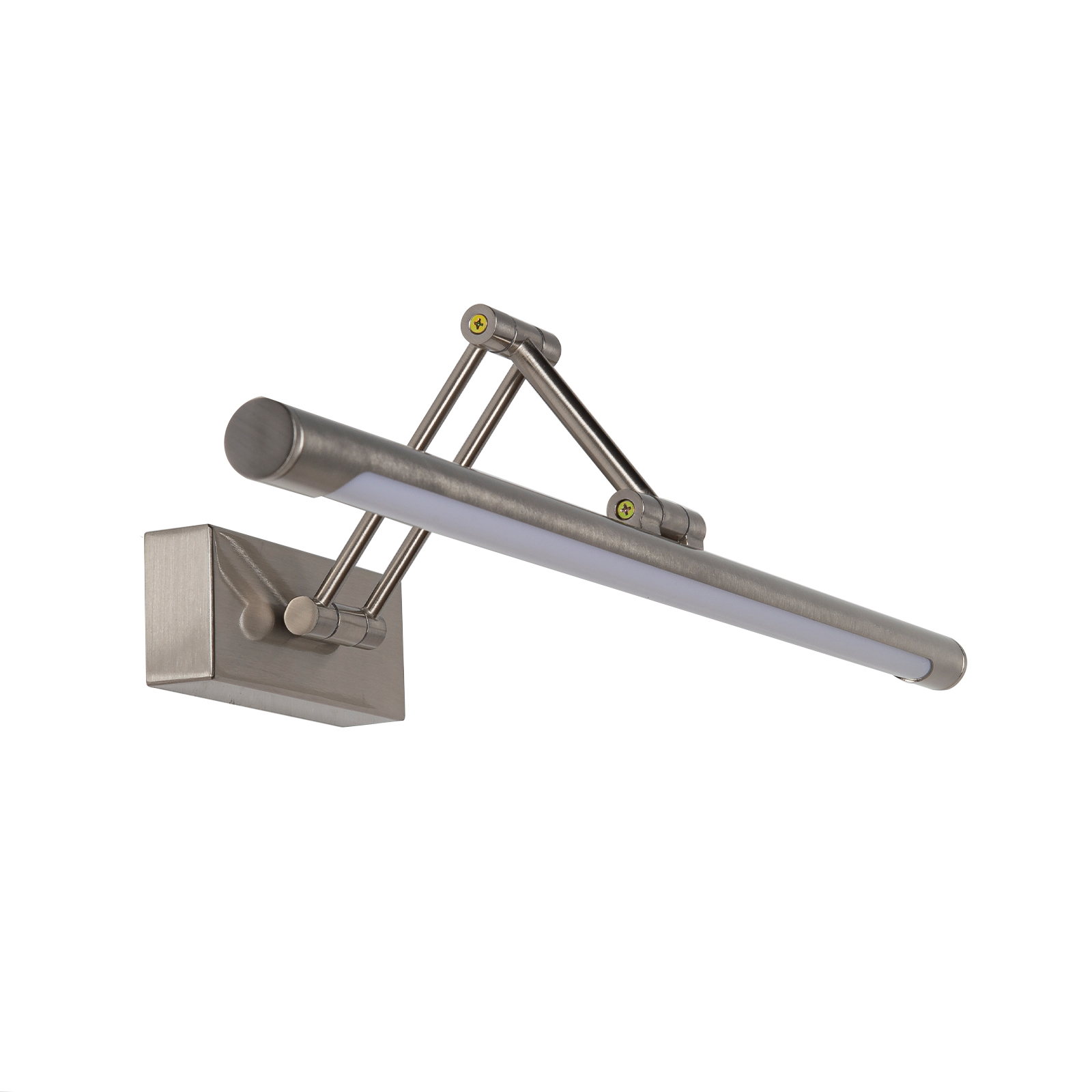 Una lámpara de pared plateada con brazo ajustable y luz LED.