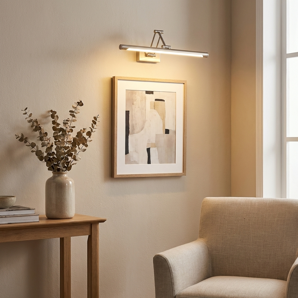 Una silla junto a una mesa con jarrón y cuadro en la pared, iluminada por una lámpara.