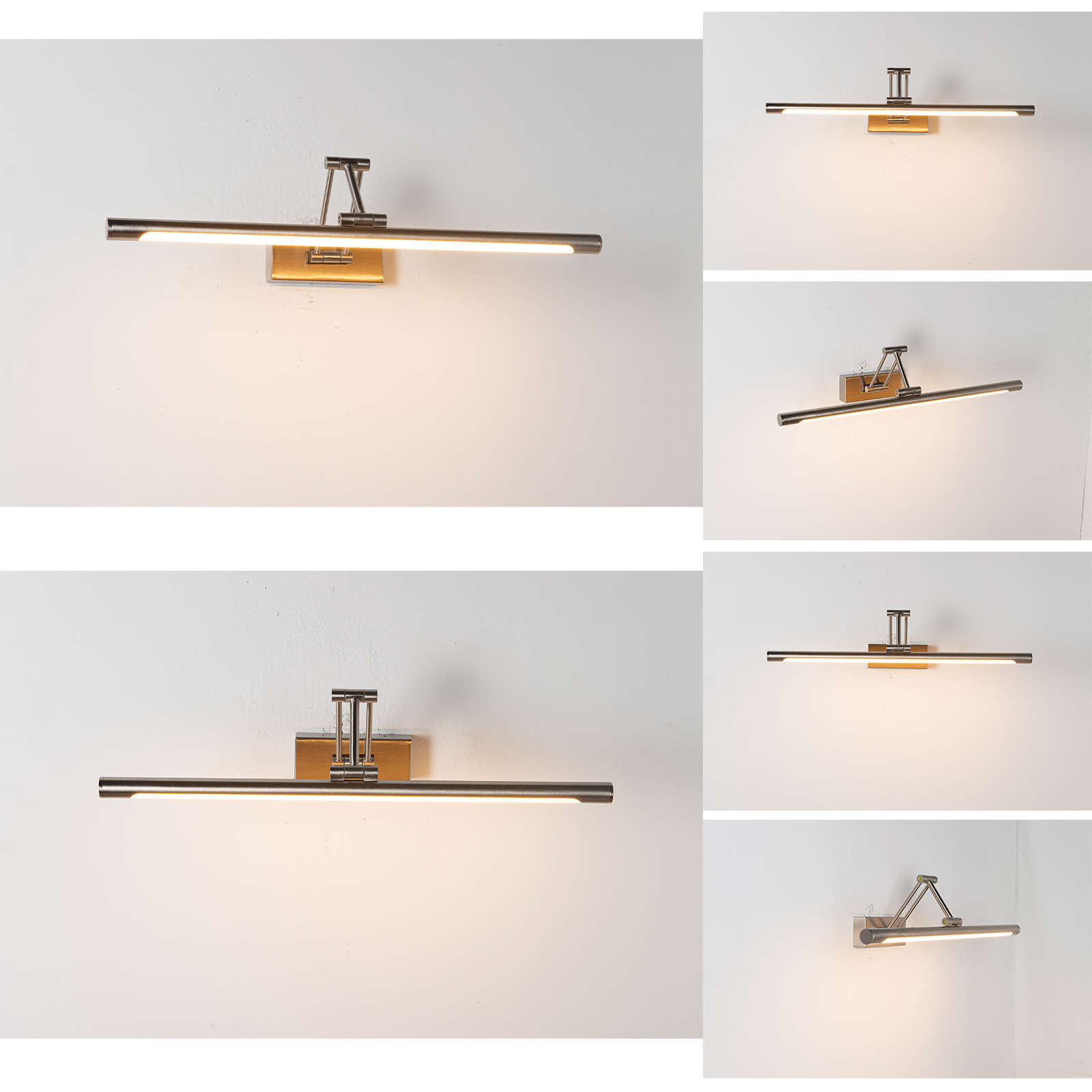Una lámpara de pared giratoria con base de madera y brazo de metal, que ilumina una luz LED.
