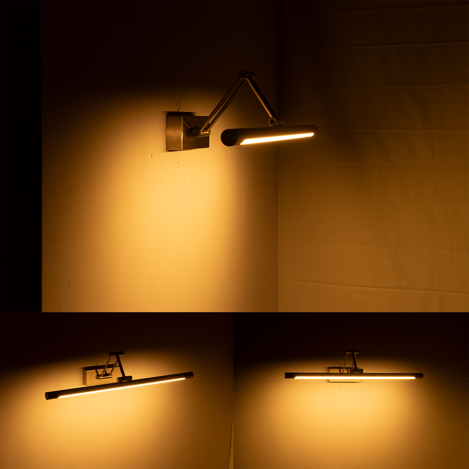 Una lámpara de pared con brazo ajustable ilumina una pared.