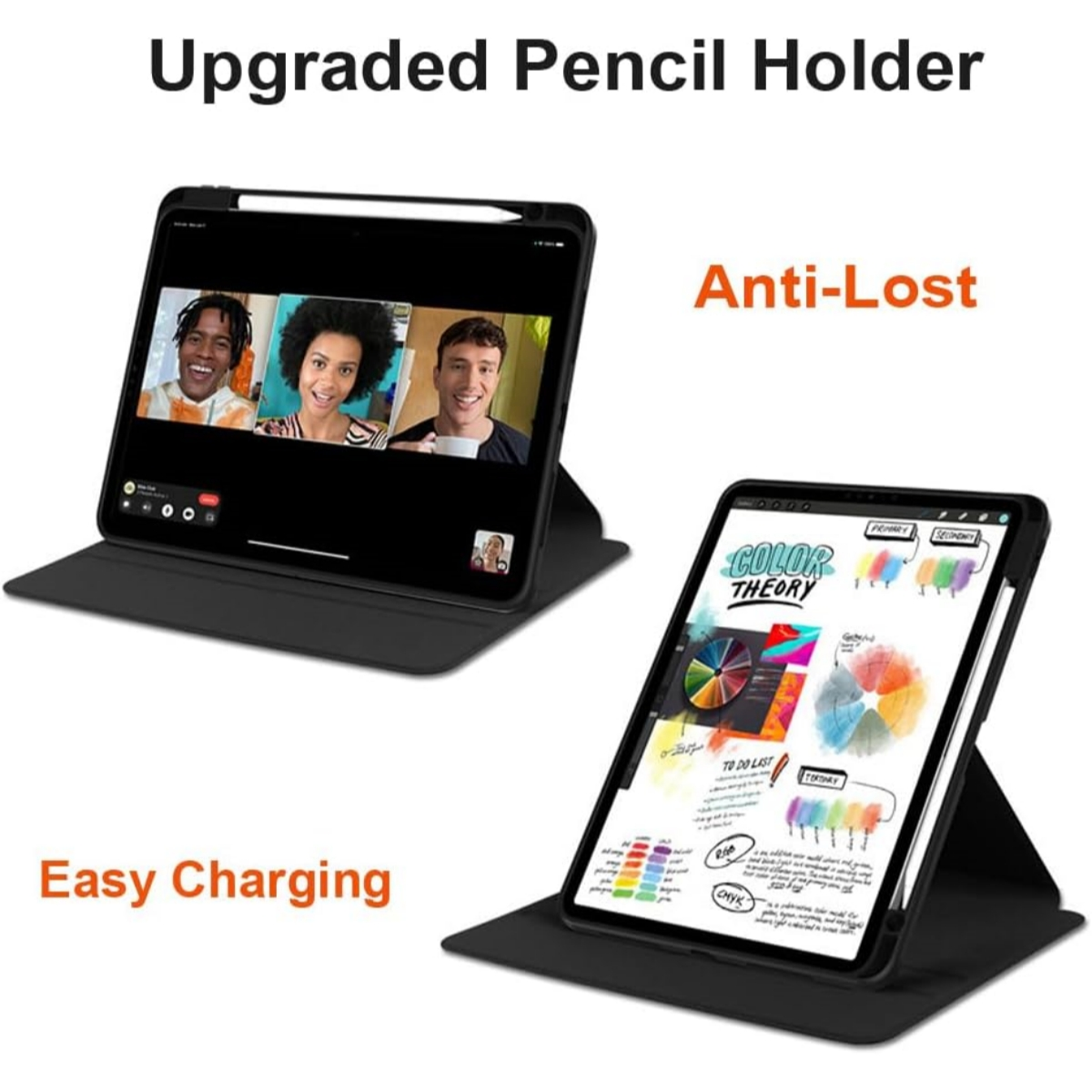 Zwei Tablets in Hüllen. Eines zeigt Videoanrufe, das andere Farbtheorie.