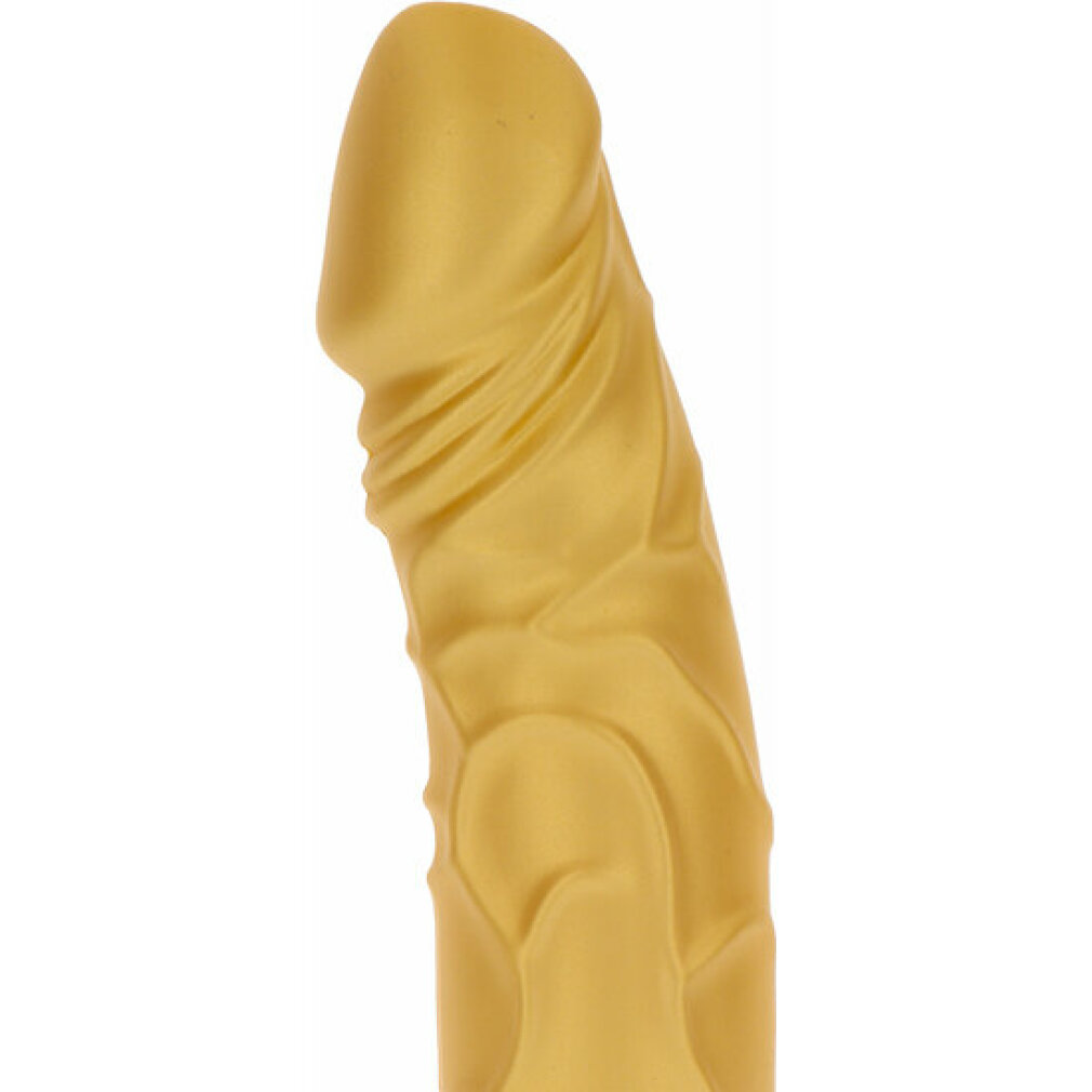 Ein goldfarbener, texturierter Dildo auf weißem Hintergrund.