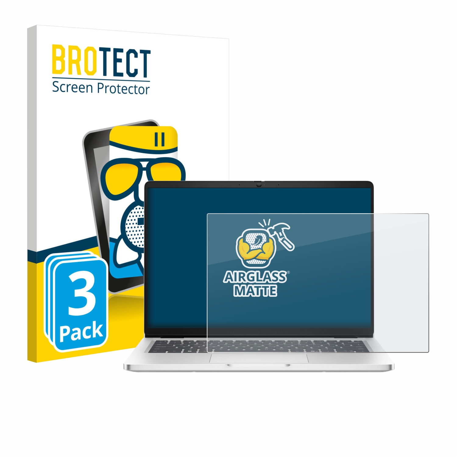 BROTECT Displayschutzfolie für Laptops, 3er-Pack, mit Anleitung auf der Verpackung.