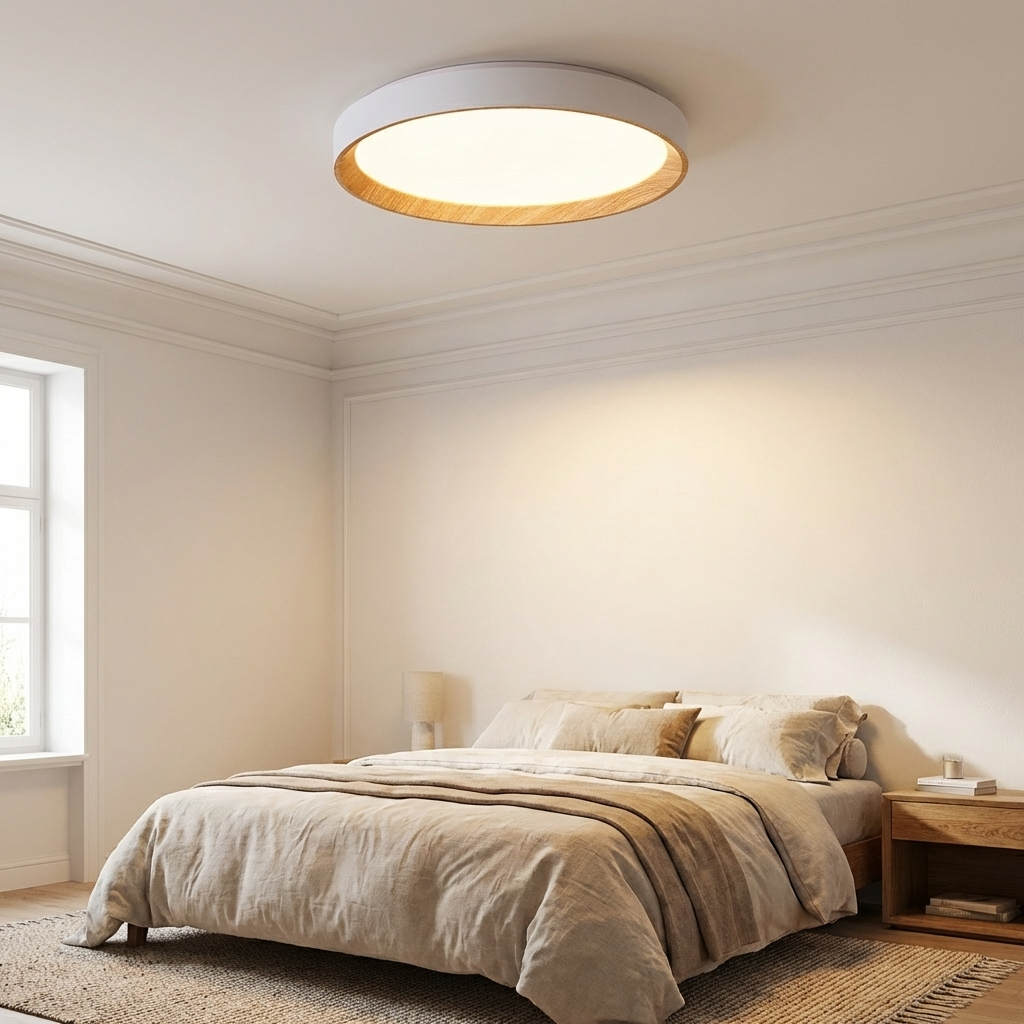 Un dormitorio moderno con cama beige, mesita de noche de madera y lámpara de techo redonda.